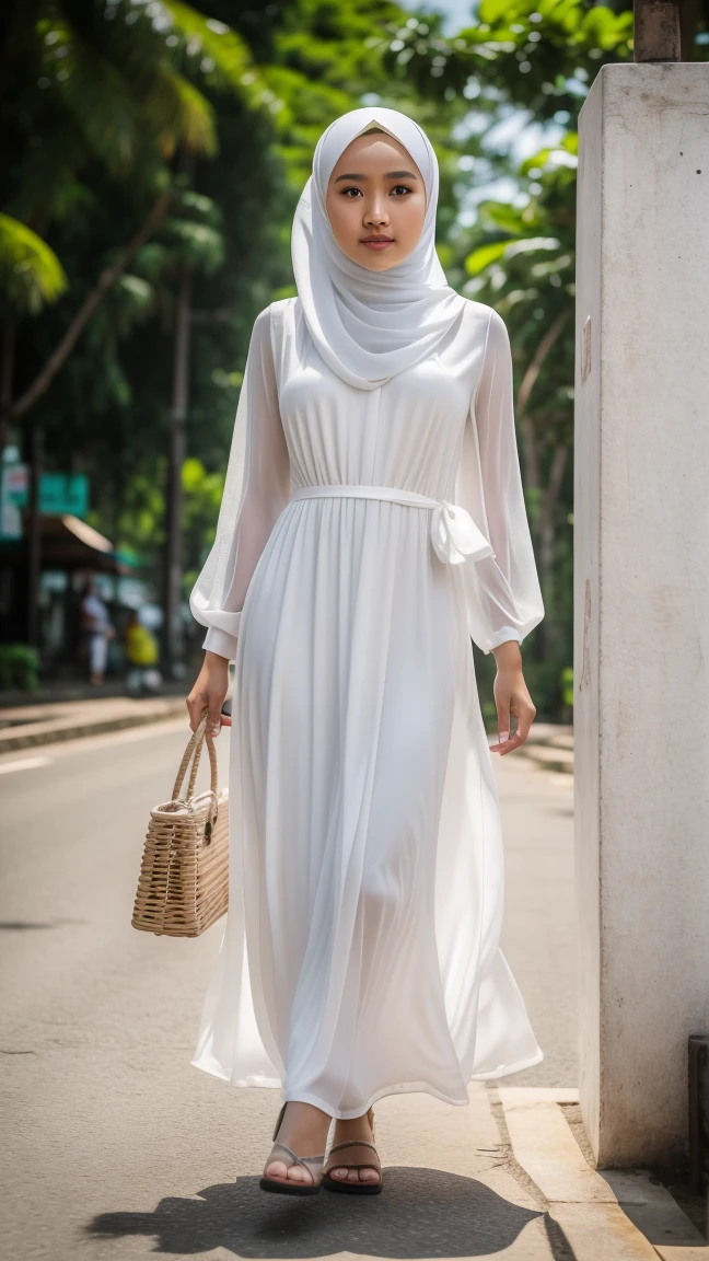 Picture taken with Sony A7RIV, realistic, 8K, Hi-Res picture, masterpiece, perfect shoot, detailed complicated background, Gorgeous twenty years old Indonesian girl, natural body, wearing white hijab, white long dress, stand, crossroad in Jakarta