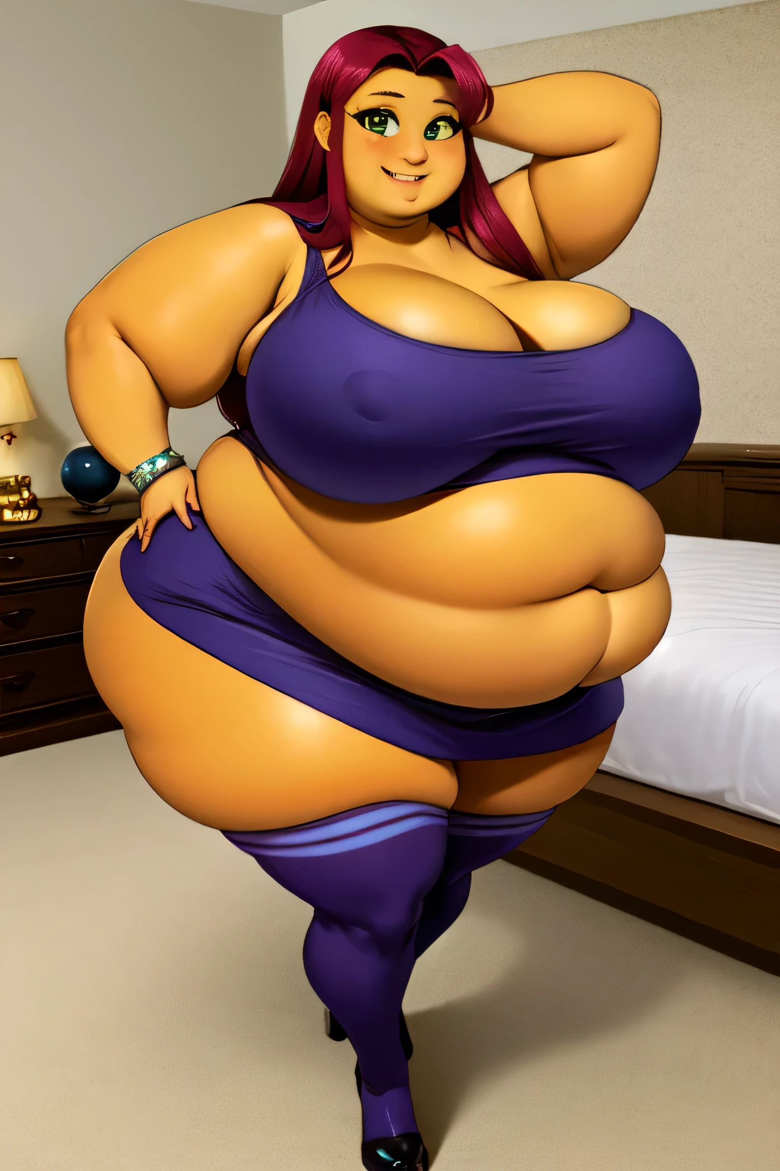 Starfire, masterpiece quality, best quality, alone, solo, 1girl, long hair, green eyes, orange skin, (orange skin:1.4), midriff, purple short skirt, purple crop top, purple thighhighs, belt, bare shoulders, smiling, dynamic pose, in a fancy bedroom, big breasts, (big breasts:1.5), lots of cleavage, fat body, (fat body:1.5), round belly, obese,