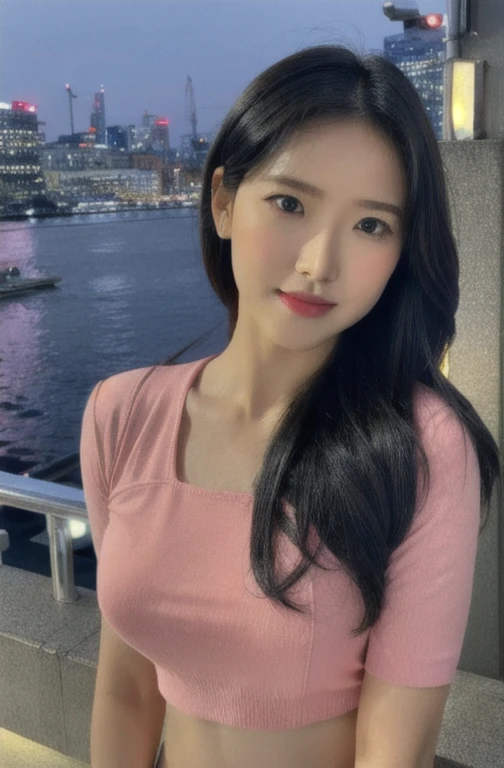 Fujifilm XT3, 8k,close up photo, masterpiece, best quality, (((1girl))), solo,realistic, ((looking at viewer)), photorealistic, (extremely detailed face), looking at viewer, ((ultra-detailed eyes and pupils)), ultra detailed, serious expression, cropped top,pink shirts, (standing against a city skyline at night), (night:1.5), (rooftop), crop pink top, ((navel)), 