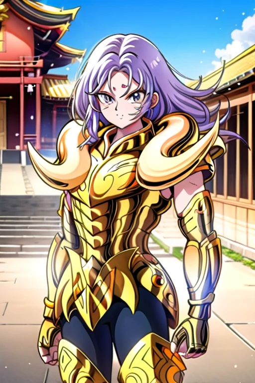 Une femme, 25 ans, mangas, cheveux longs, cheveux multicolores, details, armure de super saiyan, jardin zen, temple japonais