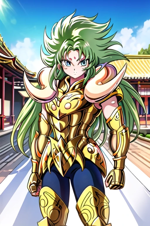 Une femme, 25 ans, mangas, cheveux longs, cheveux multicolores, details, armure de super saiyan, jardin zen, temple japonais