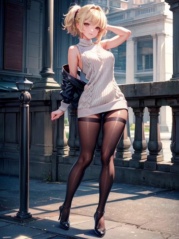 highest quality、masterpiece、Ultra-high resolution、(Character Focus、breast focus,whole body), (One Girl: 1.4)、Anime 2D Rendering, Realistic young anime woman、
Five Fingers, Perfect Face, Beautiful fine details, Beautiful body, Beautiful thighs, Beautiful feet, White beautiful skin,
Blonde、(short hair)、dark red eyes、
((Sleeveless high neck sweater dress)、Black Pantyhose、High heels)、
Face towards the viewer、A pretty face and a charming smile、(Are standing:1.4),