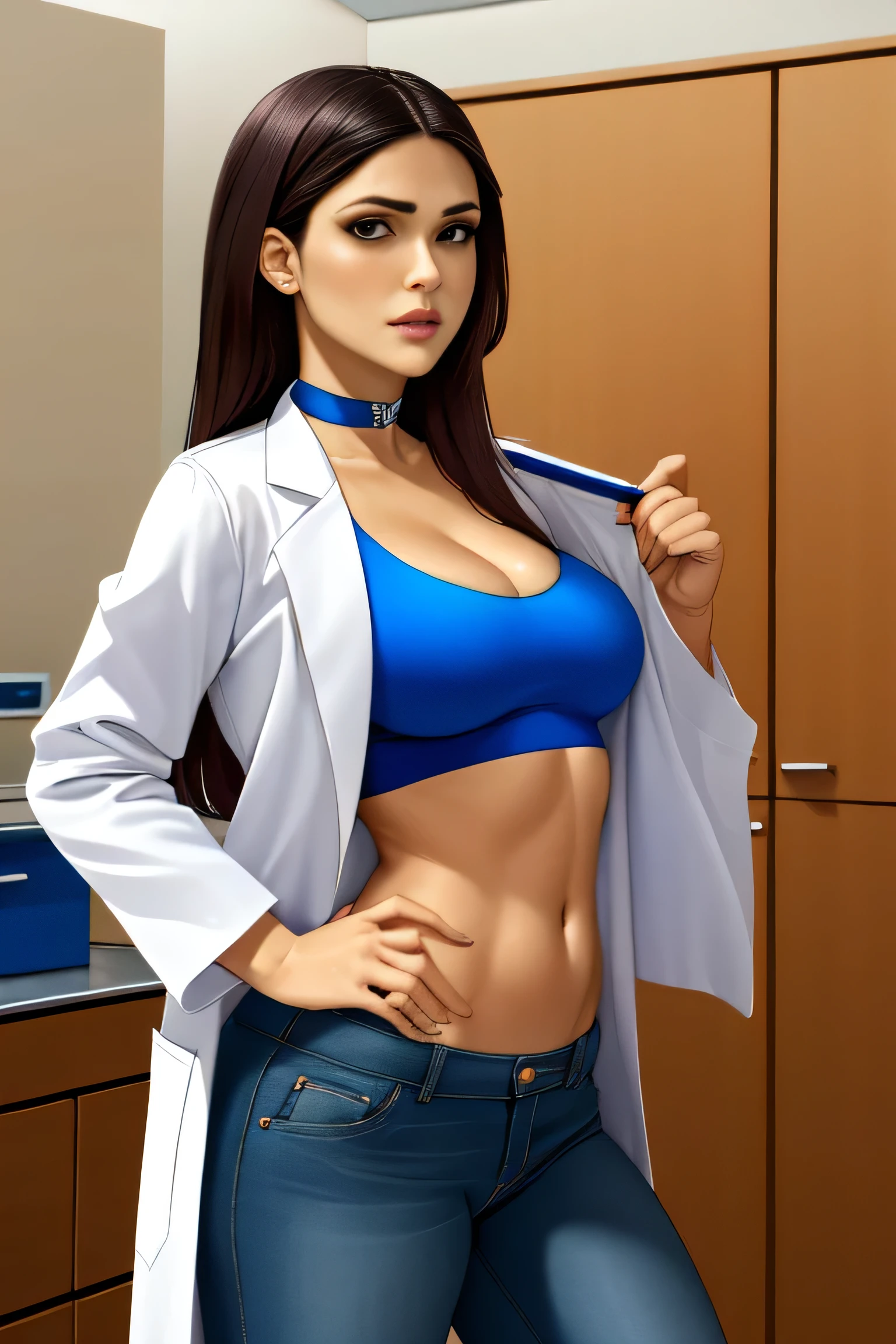 Salma Hayek, masterpiece quality, high res, lots of detail, alone, 1girl, solo, in a college laboratory, chemistry equipment in background, wearing white lab coat, wearing black crop top, midriff, wearing blue jeans, wearing choker collar, long hair, lots of cleavage, small breasts, (small breasts:1.3), thin body, 