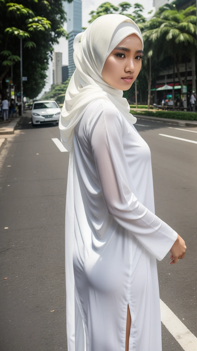 Picture taken with Sony A7RIV, realistic, 8K, Hi-Res picture, masterpiece, perfect shoot, detailed complicated background, Gorgeous twenty years old Indonesian girl, natural body, wearing white hijab, white long tunic, stand, crossroad in Jakarta 