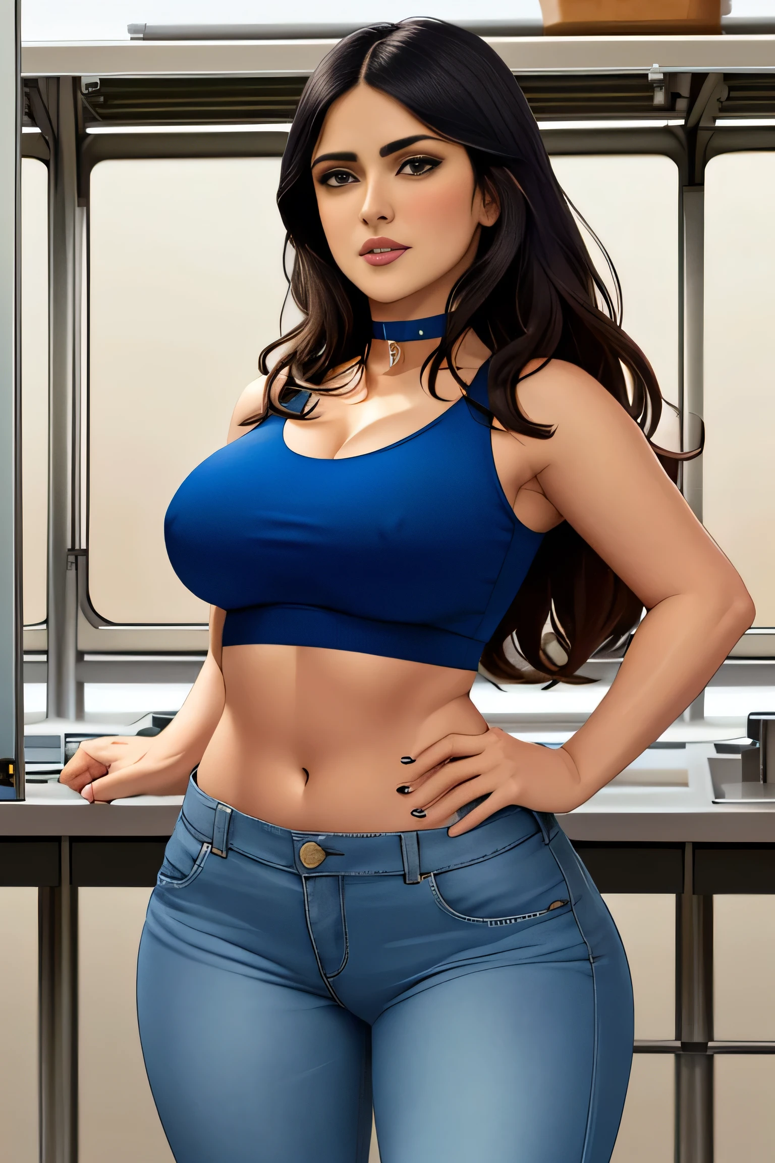 Salma Hayek, masterpiece quality, high res, lots of detail, alone, 1girl, solo, in a college laboratory, chemistry equipment in background, wearing white lab coat, wearing black crop top, midriff, wearing blue jeans, wearing choker collar, long hair, lots of cleavage, small breasts, (small breasts:1.3), thin body, 