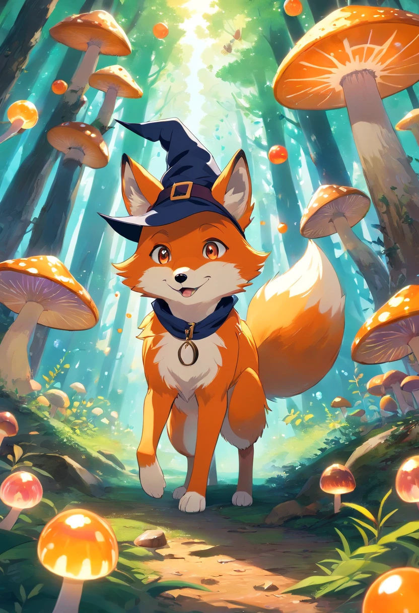A beautiful orange fox wearing a witch hat in a magical forest surrounded by mushrooms and colorful balls of magic swirl around behind the fox. 