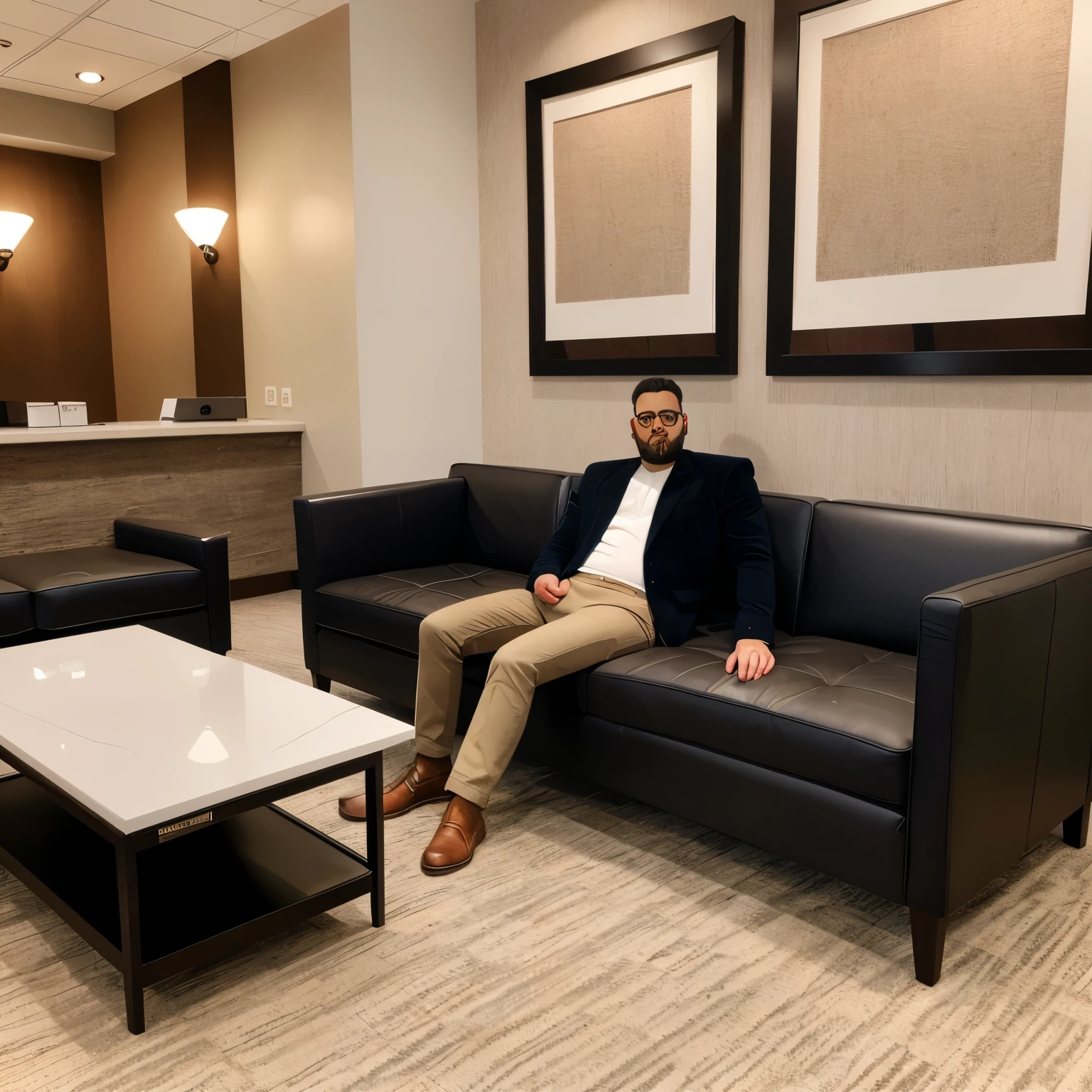 Guy Sitting in his lobby on his luxurious sofa in his cord set add painting in his background in his wall