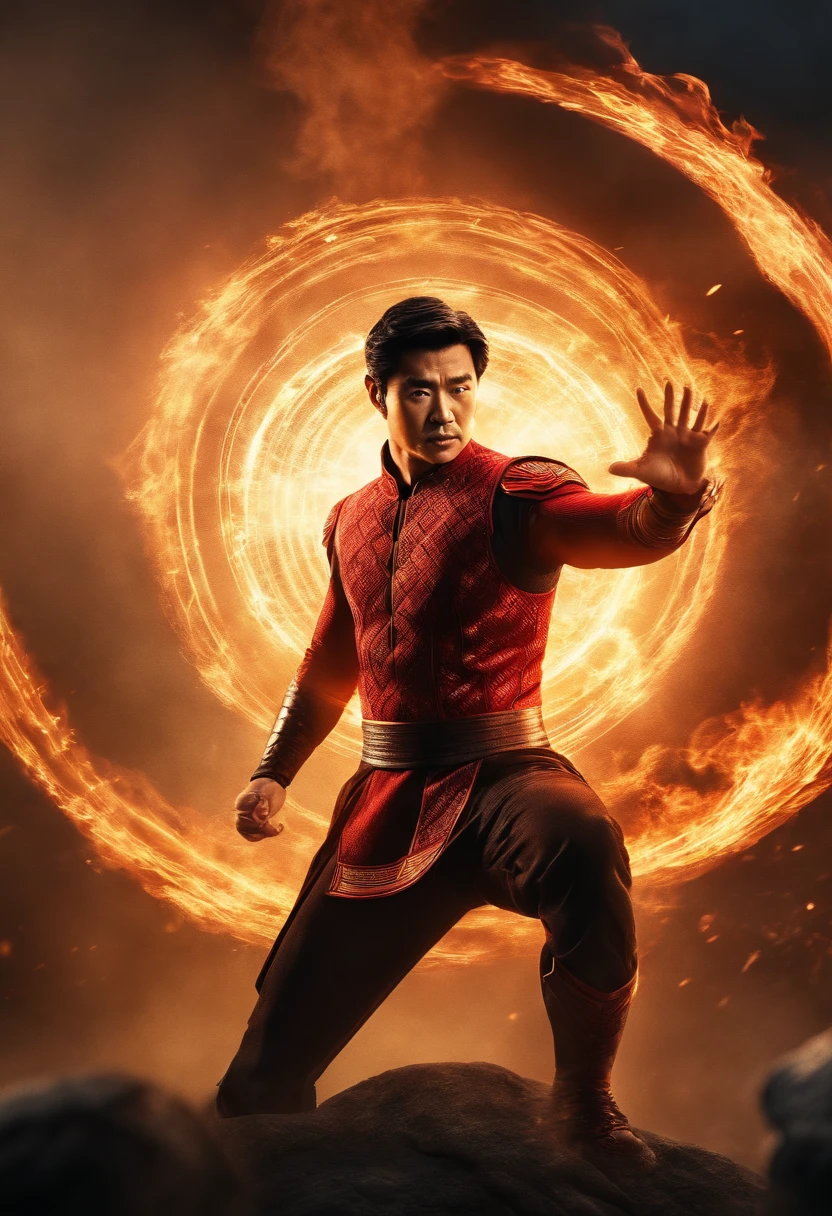 ((best quality)), ((masterpiece)), (detailed), perfect face, Shang-Chi, casting fire magic around body 