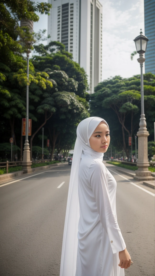 Picture taken with Sony A7RIV, realistic, 8K, Hi-Res picture, masterpiece, perfect from behind shoot, detailed complicated background, Gorgeous twenty years old Indonesian girl, natural body, wearing white hijab, white long tunic, stand, crossroad in Jakarta 