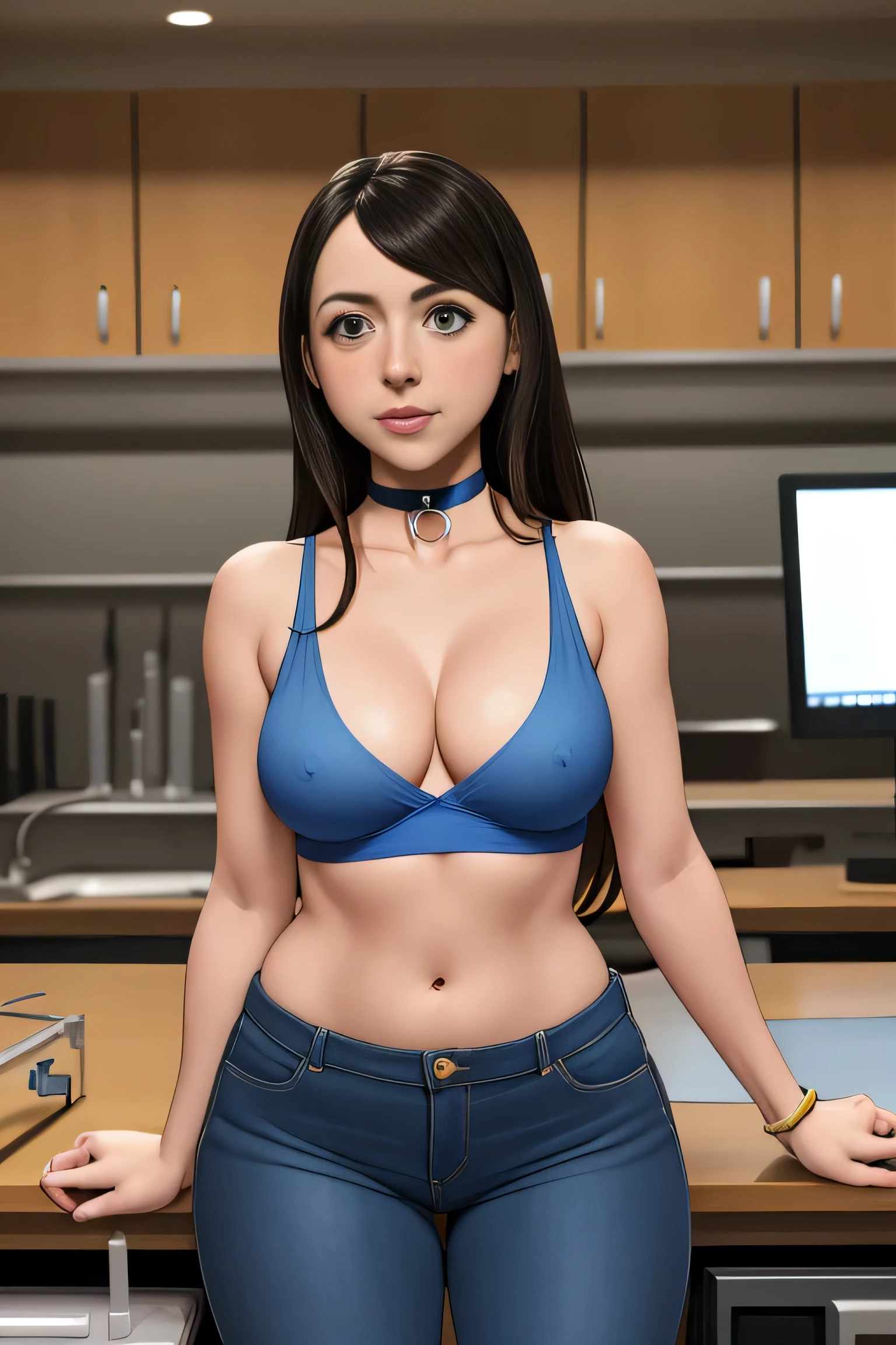Aubrey Plaza, masterpiece quality, high res, lots of detail, alone, 1girl, solo, in a college laboratory, chemistry equipment in background, wearing white lab coat, wearing black crop top, midriff, wearing blue jeans, wearing choker collar, long hair, lots of cleavage, small breasts, (small breasts:1.3), thin body, 