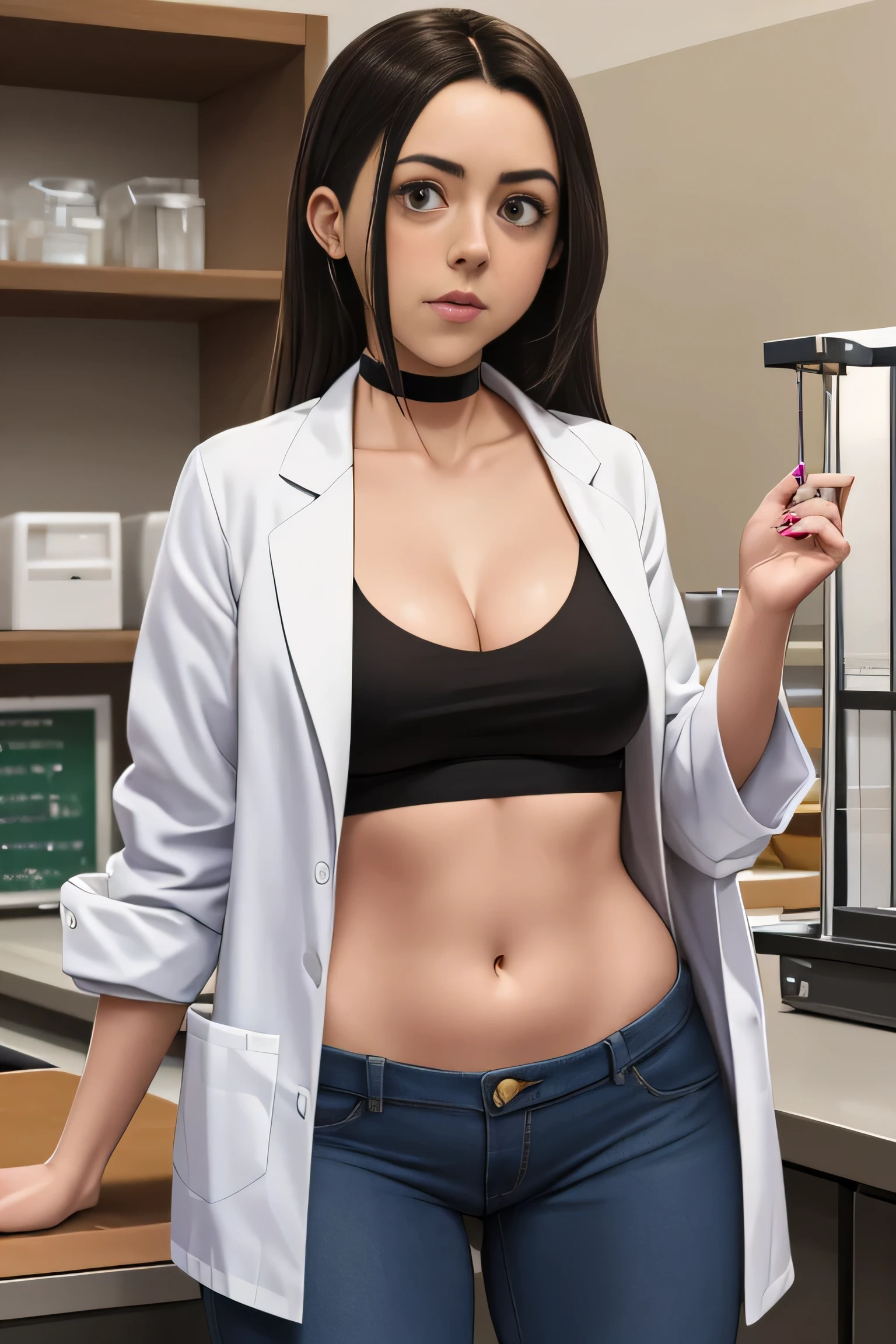 Aubrey Plaza, masterpiece quality, high res, lots of detail, alone, 1girl, solo, in a college laboratory, chemistry equipment in background, wearing white lab coat, wearing black crop top, midriff, wearing blue jeans, wearing choker collar, long hair, lots of cleavage, small breasts, (small breasts:1.3), thin body, 