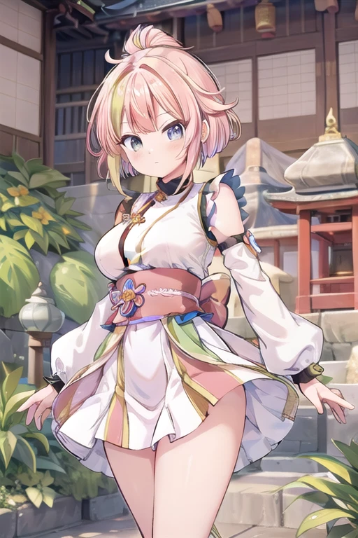 Une femme, 25 ans, mangas, cheveux longs, cheveux multicolores, details, armure de super saiyan, jardin zen, temple japonais