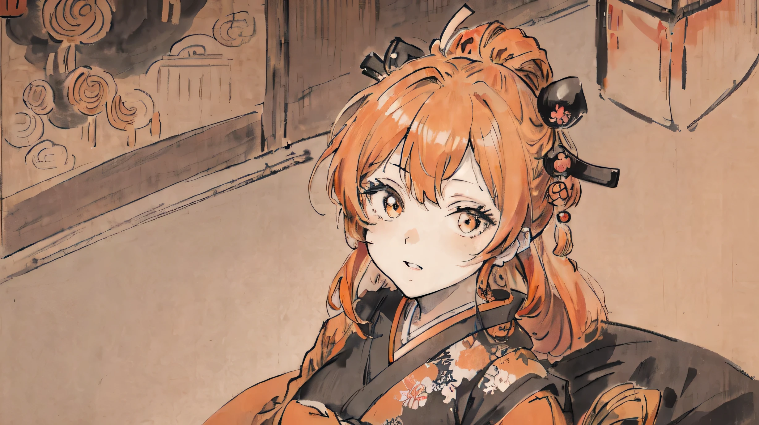 1 girl,Orange Hair,Long Hair,masterpiece,(((High definition))),(Japanese style:1.4),princess,trendy,(((Healing))),Wonderful Japanese ink paintings:1.2,beautiful