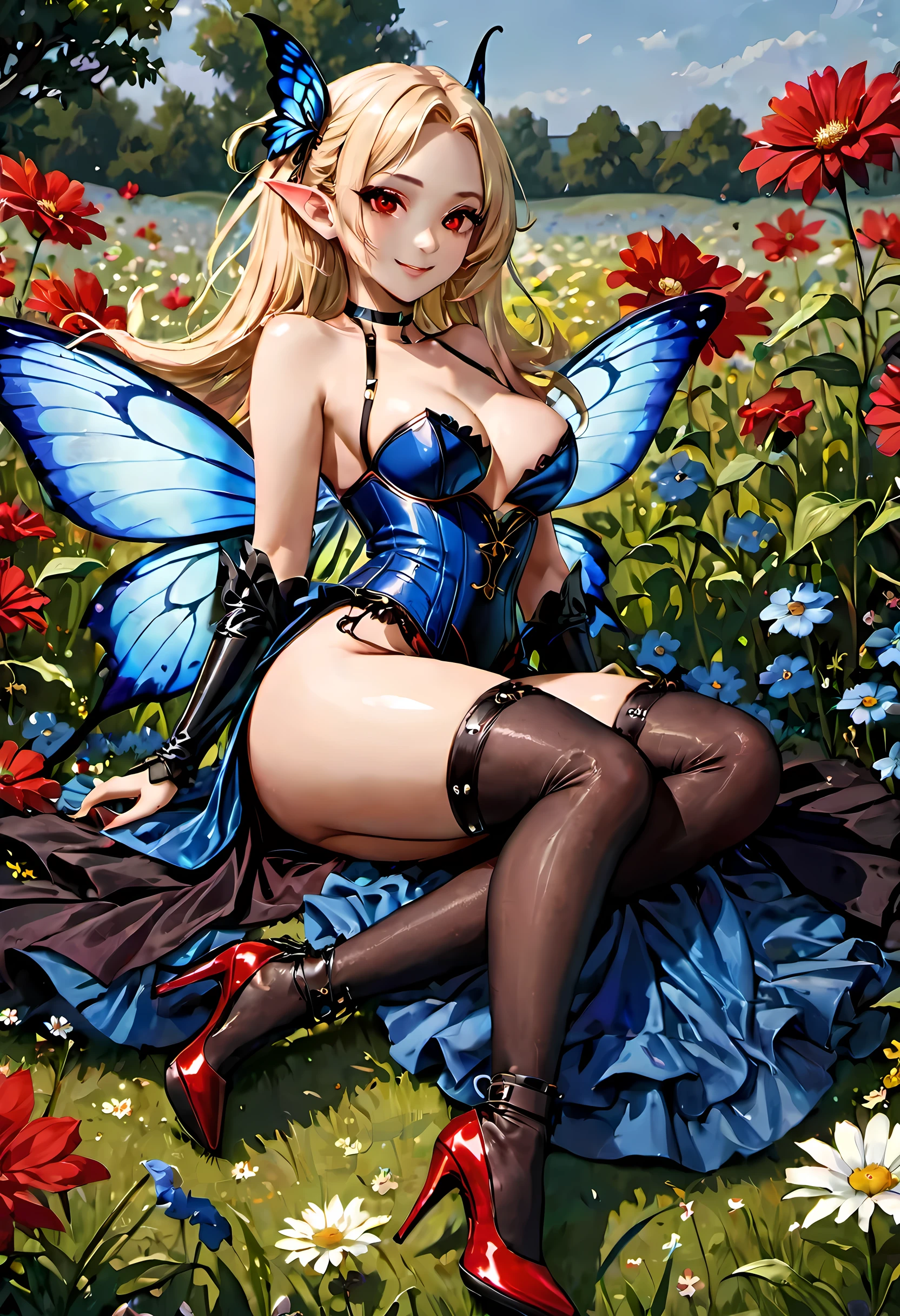 high details, best quality, 16k, RAW, [best detailed], masterpiece, best quality, (extremely detailed), full body, ultra wide shot, photorealistic, dark fantasy art, goth art, RPG art, D&D art, a picture of a dark female fairy resting in a flower meadow, extremely beautiful fairy, ultra feminine (intense details, Masterpiece, best quality), best detailed face (intense details, Masterpiece, best quality), having wide butterfly wings, spread butterfly wings (intense details, Masterpiece, best quality: 1.3), (blue: 1.5)  colors wings (intense details, Masterpiece, best quality), (blond) hair, long hair, shinning hair, flowing hair, shy smile, innocent smile, (red: 1.3) eyes, dark blue lips, wearing [azure] dress latex corset (intense details, Masterpiece, best quality), dynamic elegant shirt, chocker, wearing (blue: 1.3) high heels, in various shades of red colored flower meadow (intense details, Masterpiece, best quality), (red flowers: 1.2) , (black flowers: 1.2), (white flowers: 1.2), (blue flowers: 1.3) [extreme many flowers] (intense details, Masterpiece, best quality), dark colorful flowers (intense details, Masterpiece, best quality), flower meadow in a dark goth field background, dim light, cinematic light, High Detail, Ultra High Quality, High Resolution, 16K Resolution, Ultra HD Pictures, 3D rendering Ultra Realistic, Clear Details, Realistic Detail, Ultra High Definition, #chinese cloth, dungeons and dragons, DonMDr4g0nXL