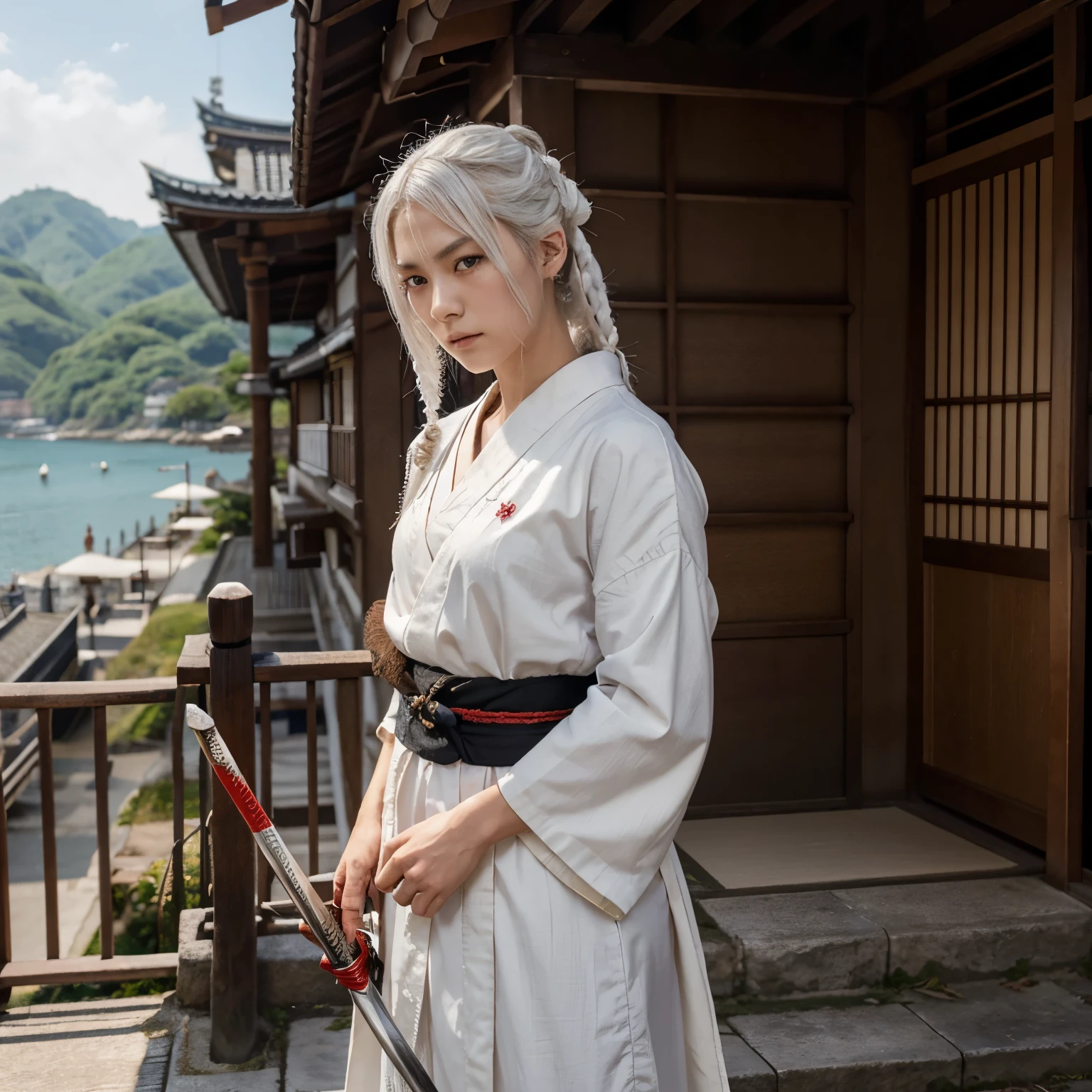 Crie uma imagem de Ryushin, a young swordsman from feudal Japan. He must have an agile and determined appearance, com cerca de 20 anos. Ryushin must have long, white hair tied back, piercing eyes and a serious expression with red eyes. Vista-o com trajes tradicionais de espadachim, incluindo um hakama escuro e um kimono leve. Ele deve estar segurando uma katana com uma guarda intricada, with the scenery in the background showing a busy harbor full of pirate ships and a small Japanese village. The atmosphere should convey a sense of adventure and determination.