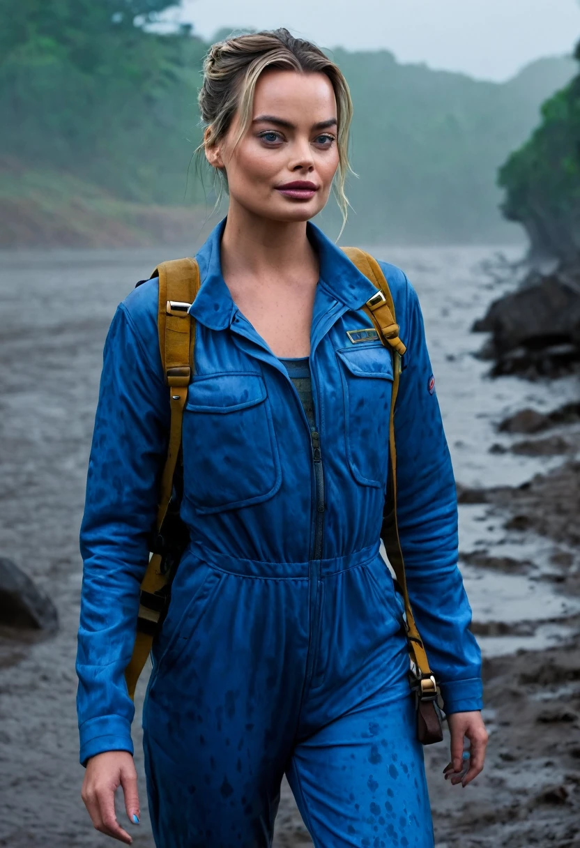 post-apocalypse, fog, (melhor qualidade, obra de arte, Bokeh, high resolution), Precipitation 4, 1 Margot Robbie, blue jumpsuit, VaultGirl, cabelo loiro, Olhos estreitados, cabelo curto, sem pipboy3000, couro blindado, andando, boca fechada, lago, radiation symbol, tronco, running towards the spectator, noite, sobrancelha franzida, 
 Mais granulado 