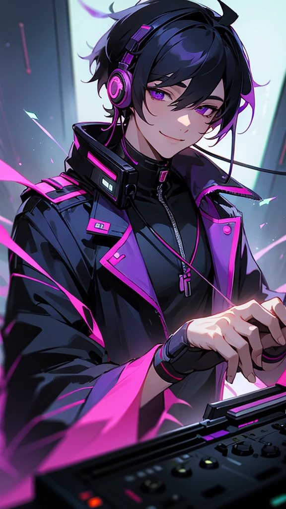 masterpiece, best quality, solo, 1male, shirt, purple eyes, smile facial, cyberpunk, DJ, music, headphone, neon, black hair