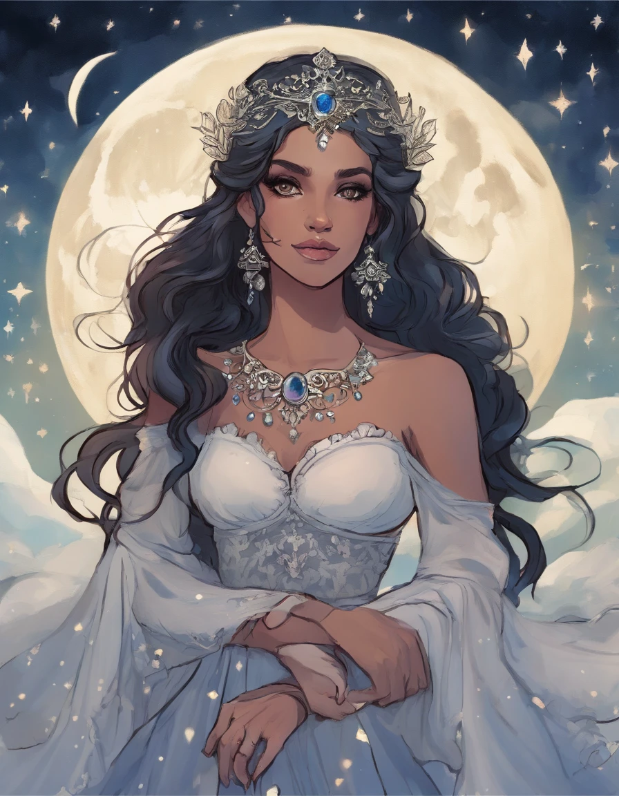 A beautiful woman dressed in a black sparkly dress filled with stars stands in front of a full moon. Her hair is long and pitch black. Her skin is marble white and her eyes glow blue in the moonlight. A crescent moon tattoo shines on her forhead. This is the goddess Nyx. 