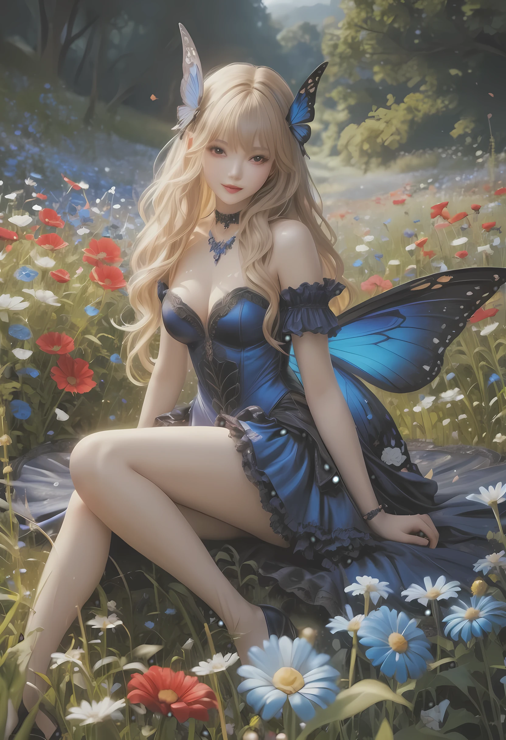 high details, best quality, 16k, RAW, [best detailed], masterpiece, best quality, (extremely detailed), full body, ultra wide shot, photorealistic, dark fantasy art, goth art, RPG art, D&D art, a picture of a dark female fairy resting in a flower meadow, extremely beautiful fairy, ultra feminine (intense details, Masterpiece, best quality), best detailed face (intense details, Masterpiece, best quality), having wide butterfly wings, spread butterfly wings (intense details, Masterpiece, best quality: 1.3), (blue: 1.5)  colors wings (intense details, Masterpiece, best quality), (blond) hair, long hair, shinning hair, flowing hair, shy smile, innocent smile, (red: 1.3) eyes, dark blue lips, wearing [azure] dress latex corset (intense details, Masterpiece, best quality), dynamic elegant shirt, chocker, wearing (blue: 1.3) high heels, in various shades of red colored flower meadow (intense details, Masterpiece, best quality), (red flowers: 1.2) , (black flowers: 1.2), (white flowers: 1.2), (blue flowers: 1.3) [extreme many flowers] (intense details, Masterpiece, best quality), dark colorful flowers (intense details, Masterpiece, best quality), flower meadow in a dark goth field background, dim light, cinematic light, High Detail, Ultra High Quality, High Resolution, 16K Resolution, Ultra HD Pictures, 3D rendering Ultra Realistic, Clear Details, Realistic Detail, Ultra High Definition, #chinese cloth, dungeons and dragons, DonMDr4g0nXL