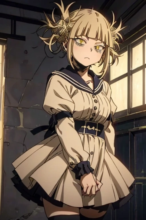 Himiko toga),+,(From Boku no Hero Academia),(yellow eyes, cat's pupils and short blonde hair, two tied pompoms, height 162cm, pretty, 16 year old teenager),(wearing),+,(a cute sensual children's dress)