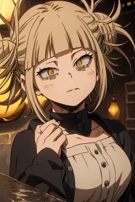 Himiko toga),+,(From Boku no Hero Academia),(yellow eyes, cat's pupils and short blonde hair, two tied pompoms, height 162cm, pretty, 16 year old teenager),(wearing),+,(a cute sensual children's dress)