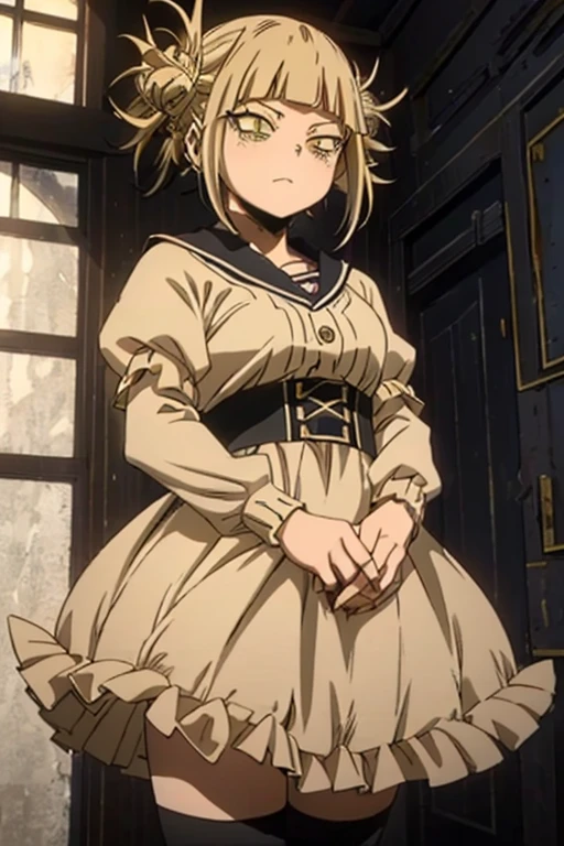 Himiko toga),+,(From Boku no Hero Academia),(yellow eyes, cat's pupils and short blonde hair, two tied pompoms, height 162cm, pretty, 16 year old teenager),(wearing),+,(a cute sensual children's dress)