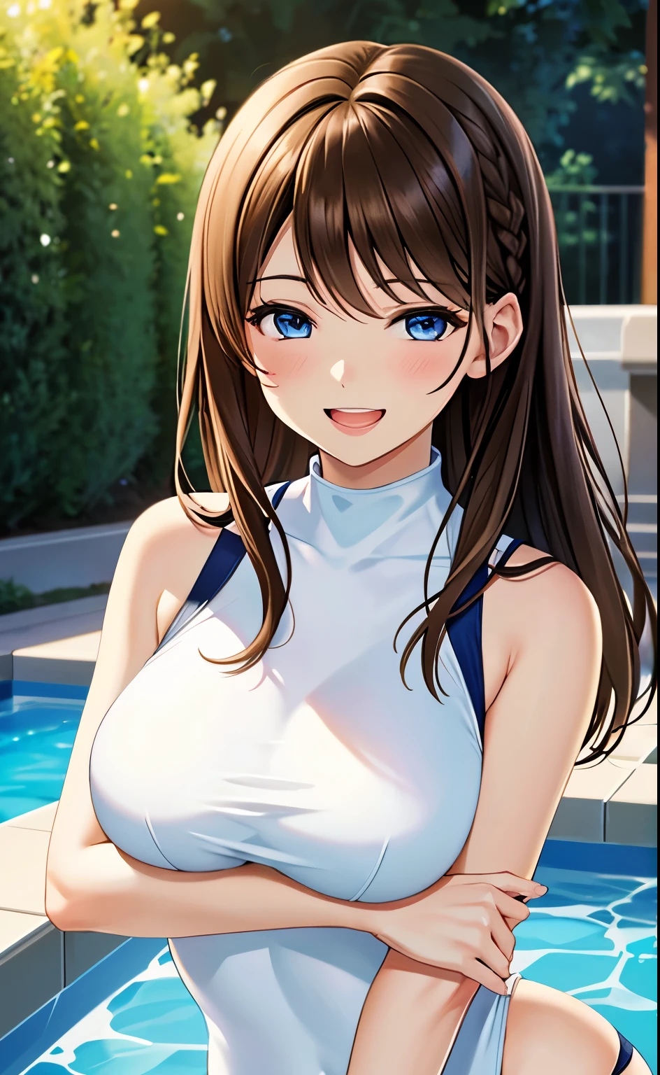 (masterpiece:1.4、top-quality、illustration:1.4,realistic、)、(character focus、breast focus,upper body)、(1girl),(Open mouth happy grin:1.3),(half closed eyes),cute face,blue eyes、()、
,(stand:1.4),(Shining smile),
,(slender),(sleeveless turtleneck holder swimsuit),(,long brown hair:1.6), (large breasts)、
、slender、pool,、