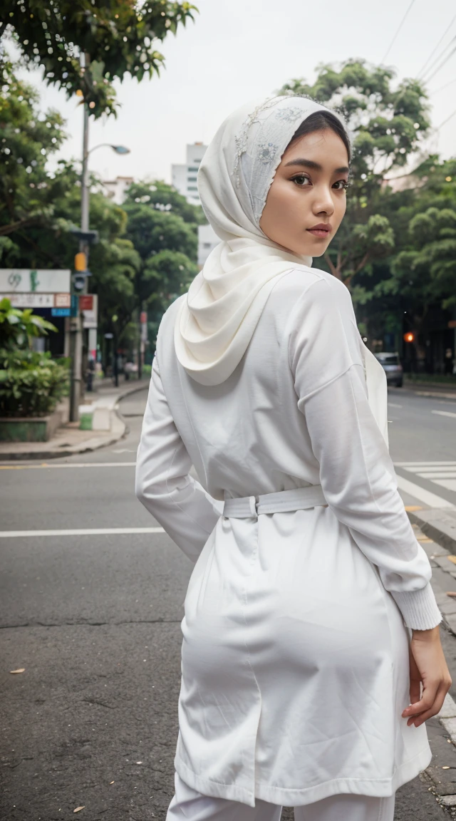 Picture taken with Sony A7RIV, realistic, 8K, Hi-Res picture, masterpiece, perfect from behind shoot, detailed complicated background, Gorgeous twenty years old Indonesian girl, natural body, wearing white hijab, white long cardigan, stand, crossroad in Jakarta