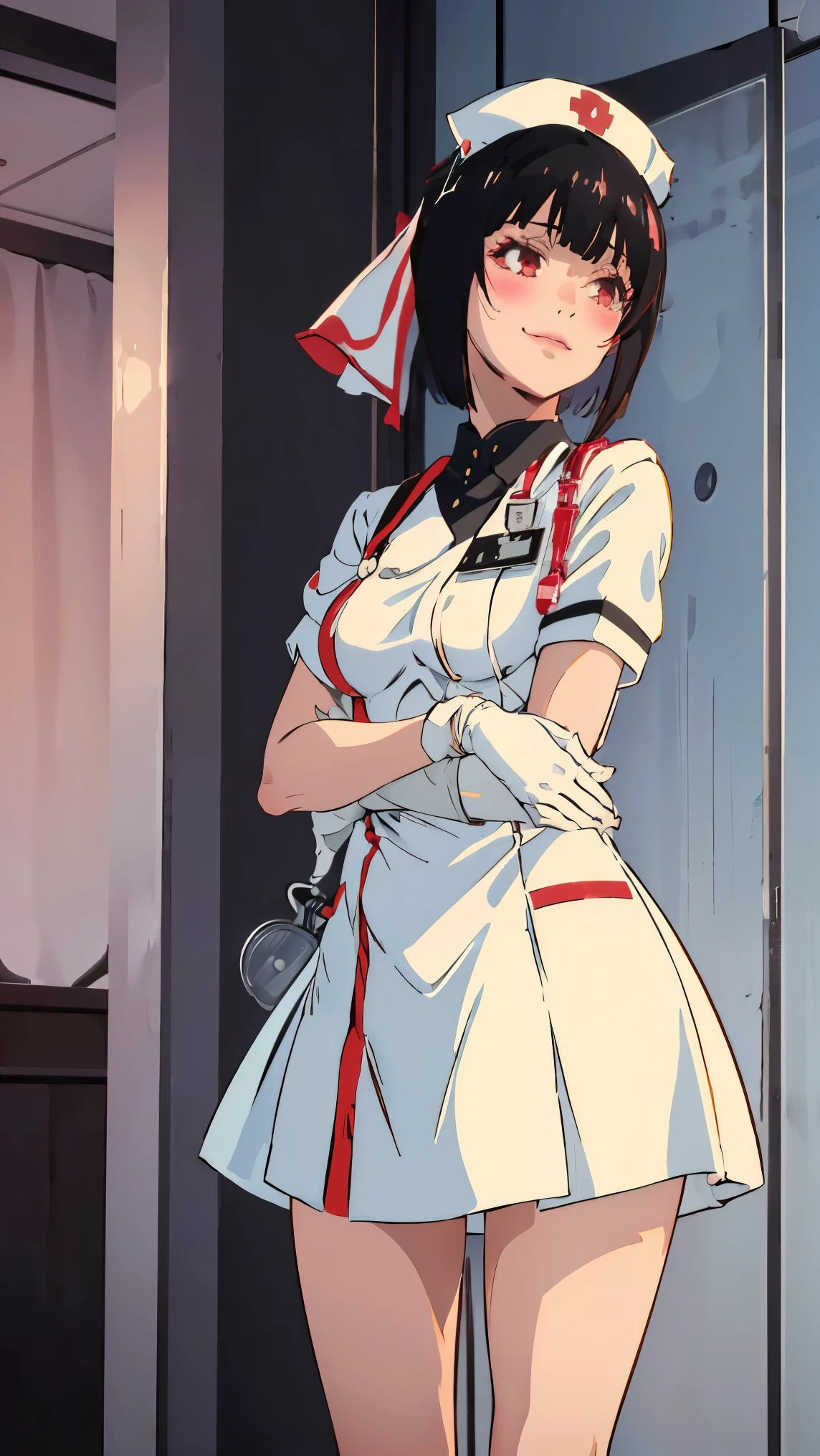 Girl1,Nurse, wearing white, ((nurse cap,white legs, Zetai Ryuki)), white gloves, bending forward, evil smile, blush, standing, ((hospital room)), short sleeves,Eyes droop,Sharp outline,super detail,high quality,high details,best quality,1080P