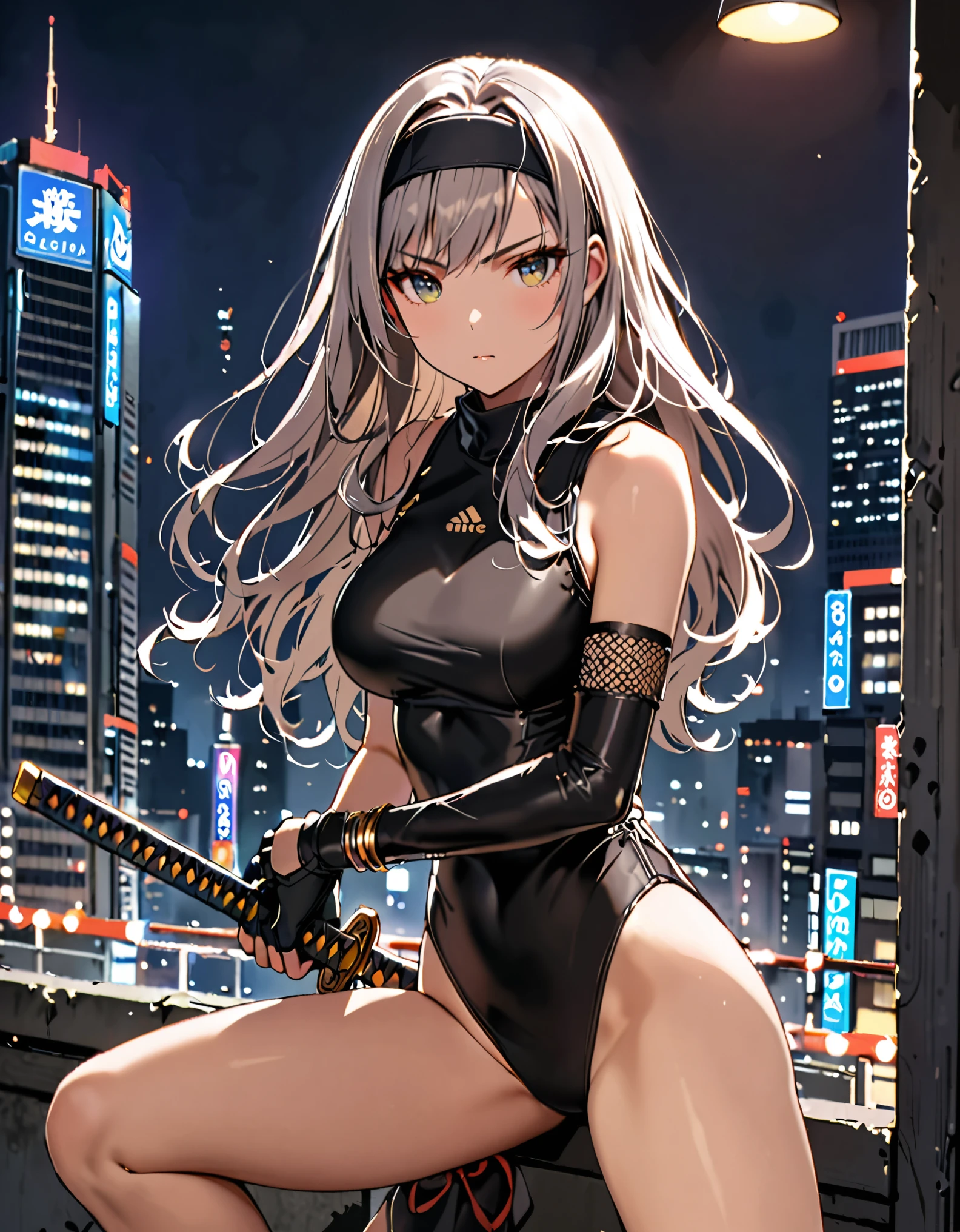 masterpiece, best quality, 1girl, grey hair, shoulder length hair, wavy hair, black hairband, auburn eyes, beautiful detailed eyes, beautiful detailed face, cute face, stoic, professional, ninja, black leotard, black tactical gloves, bare legs, gold bracelets, black thigh-high boots, using katana blade, scabbard, cityscape, night, noir atmosphere.