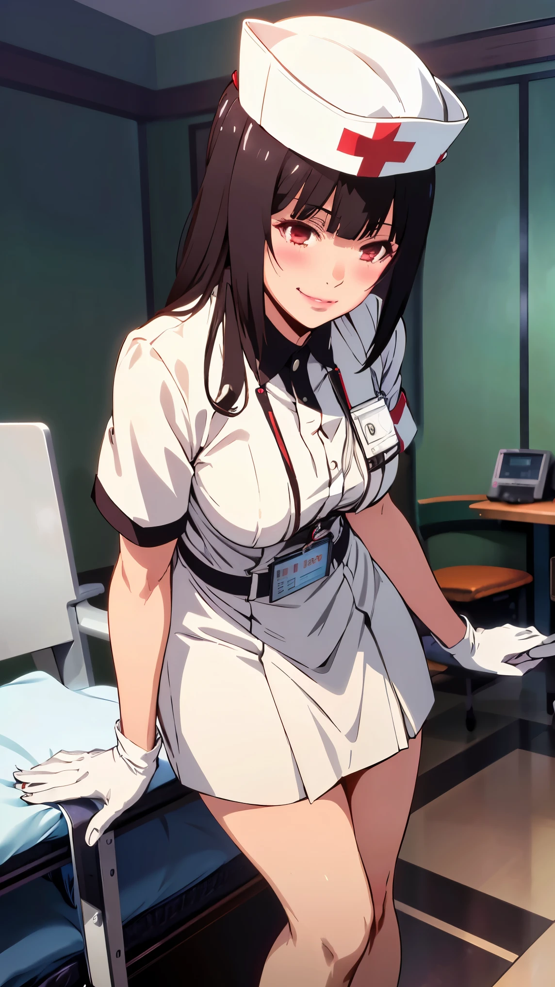 Girl1,Nurse, wearing white, ((nurse cap,white legs, Zetai Ryuki)), white gloves, bending forward, evil smile, blush, Tempting pose, ((hospital room)), short sleeves,Eyes droop,Sharp outline,super detail,high quality,high details,best quality,1080P