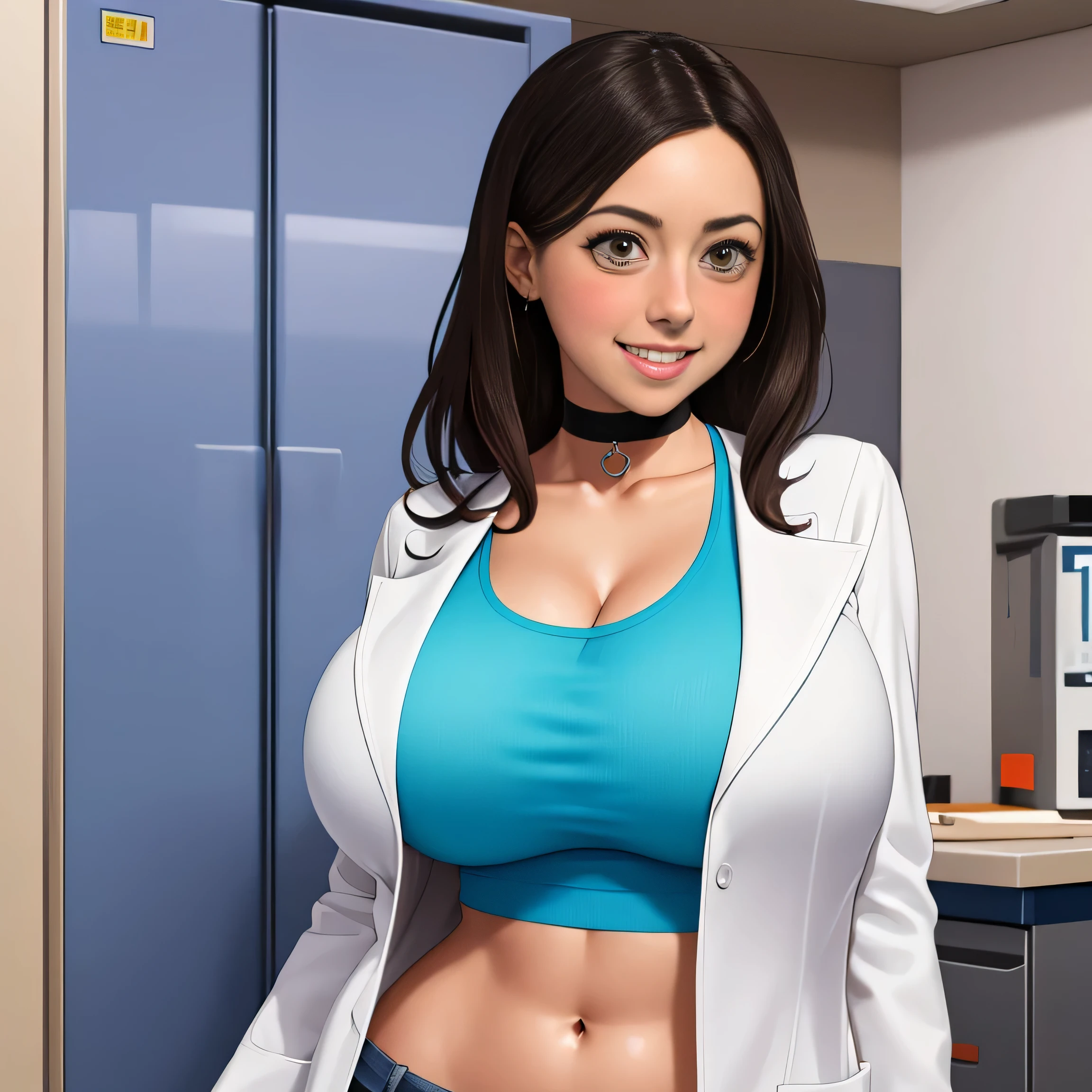 Aubrey Plaza, masterpiece quality, high res, lots of detail, alone, 1girl, solo, in a college laboratory, chemistry equipment in background, wearing white lab coat, wearing black crop top, midriff, wearing blue jeans, wearing choker collar, long hair, lots of cleavage, big breasts, (big breasts:1.2), thin body, smiling, blushing, (blushing:1.4), 