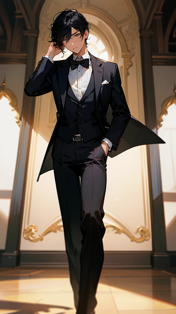 Best quality, Masterpiece, ultra high resolution, quadratic element，1boys, Light and shadow, 1boys,British style， Male focus, Solo, formal, with short black hair, neck bowtie, shirt, suit, belt, Pants, Black pants, Black suit, White shirt, Indoors, hand in own hair, Jacket, a black bowtie, Long sleeves, Black belt, Collared shirt, Cowboy shot,
