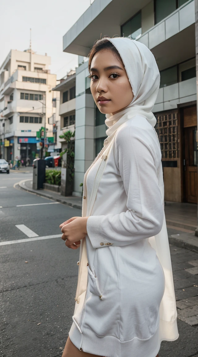 Picture taken with Sony A7RIV, realistic, 8K, Hi-Res picture, masterpiece, perfect shoot, detailed complicated background, Gorgeous twenty years old Indonesian girl, natural body, wearing white hijab, white long cardigan, stand, crossroad in Jakarta