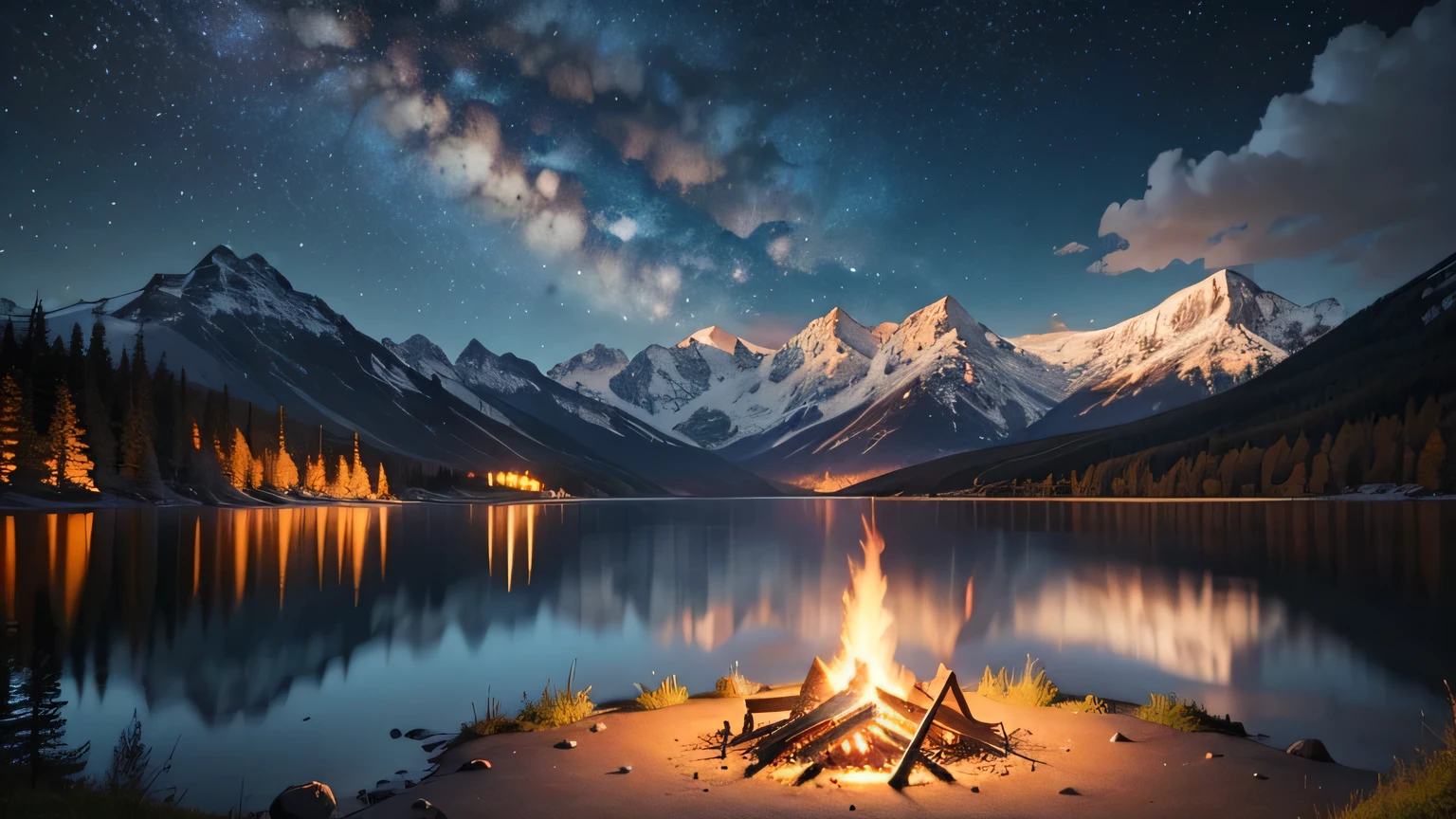 a campfire in a clearing by a lake with mountains in the background and a starry sky
