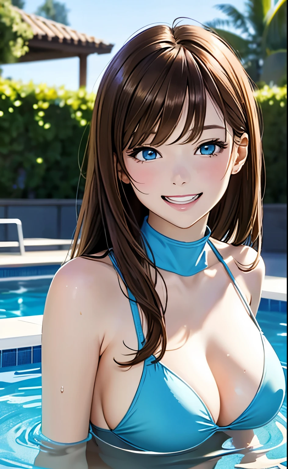 (masterpiece:1.4、top-quality、illustration:1.4,realistic、)、(character focus、breast focus,upper body)、(1girl),(Open mouth happy grin:1.3),(half closed eyes),cute face,blue eyes、(wet)、
,(stand:1.4),(Shining smile),
,(slender),(sleeveless turtleneck holder swimsuit),(,long brown hair:1.6), (large breasts)、
、slender、pool,、