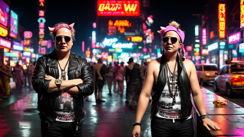 Only one stand-up comedian who is not popular with women, a pig-man, short, fat, wearing sunglasses, wearing a monochrome bandana, cyberpunk