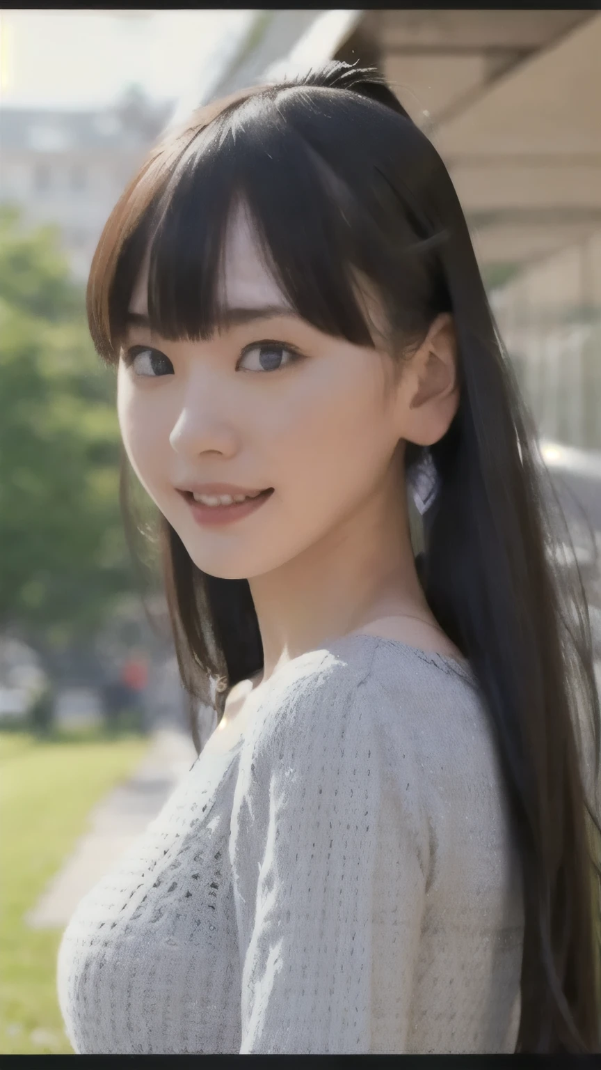 Tabletop, highest quality, Photorealistic, finely, High resolution, 8k wallpaper, Perfect dynamic composition, 、 美しい日本の女性finelyて美しい目, Long Hair, Big and ample breasts, Knit Dress Seini、(Breast Swelling 1.2)、Cute Smile、Open your mouth、street、23 years old、(Droopy Eyes 1.1)