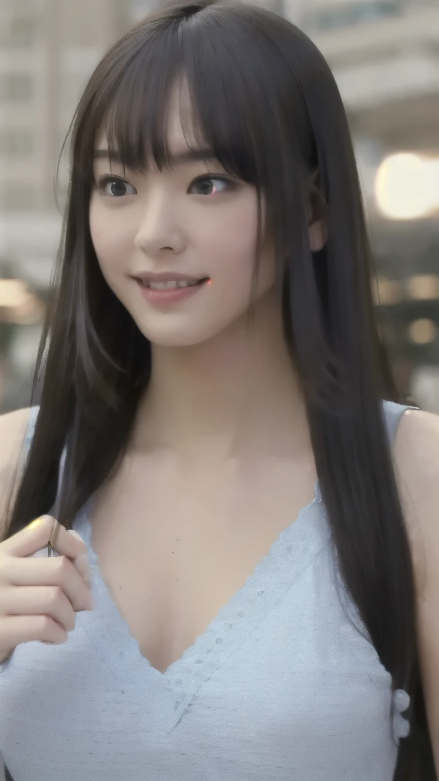 Tabletop, highest quality, Photorealistic, finely, High resolution, 8k wallpaper, Perfect dynamic composition, 、 美しい日本の女性finelyて美しい目, Long Hair, Big and ample breasts, Knit Dress Seini、(Breast Swelling 1.2)、Cute Smile、Open your mouth、street、23 years old、(Droopy Eyes 1.1)