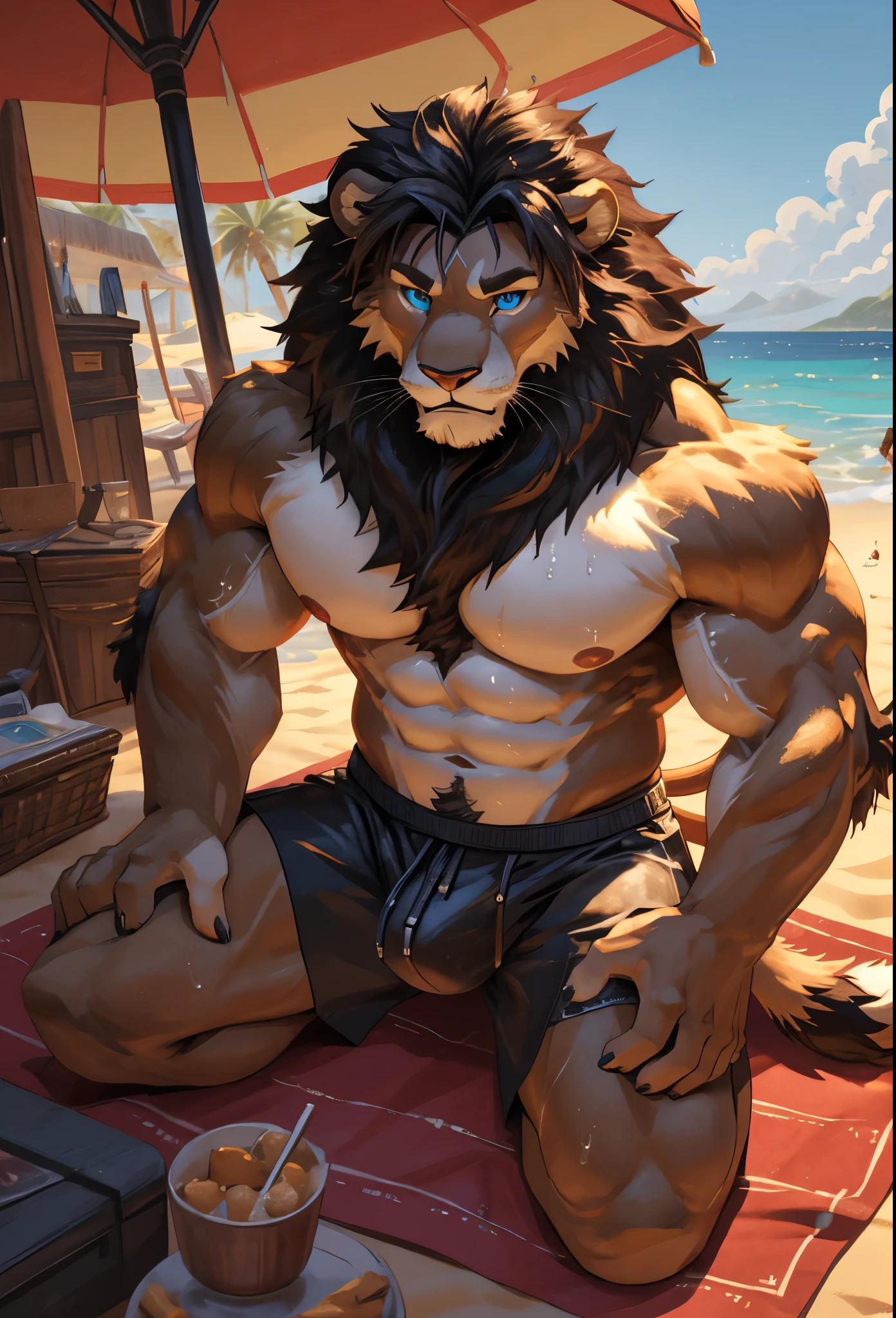 (Close-up), There is a Lion wearing underwear and shirtless, blue eyes, muscular, furry chest, fluffy fur, topless, huge crotch, veins, fluffy chest, bare chest, Sexybody, muscular, anthropomorphic, extra detailed body, detailed body, Best quality, masterpiece, ultra high res,detailed background,realistic, real shadow and light,depth of field, (view from above), sweaty, sunny, at the noon, beach, sitting on picnic mat, coconut tree, Island, Lion.