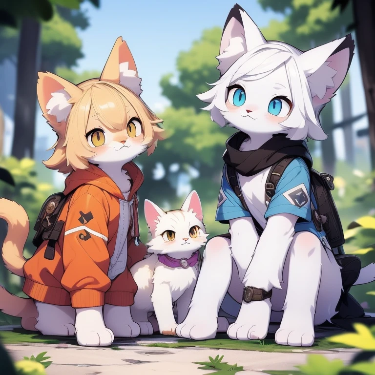 Young Female white fox-cat lean-body (short snout),black stripe between neck and shoulder towards chest (black stripe on waist)(ears are darker), orange and violet eyes, cat tail (black at end), white hair (single-braided), fantasy adventure type clothing, violet shirt, golden-brown cloak, navy-blue belt khaki pants, happy