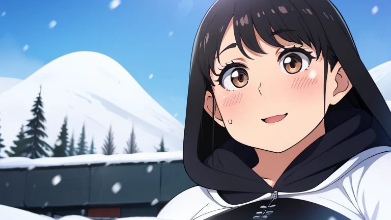 Plump black hair brown eyes longer year 21 big breasts chubby longer hair armor snow hooded blushing happy