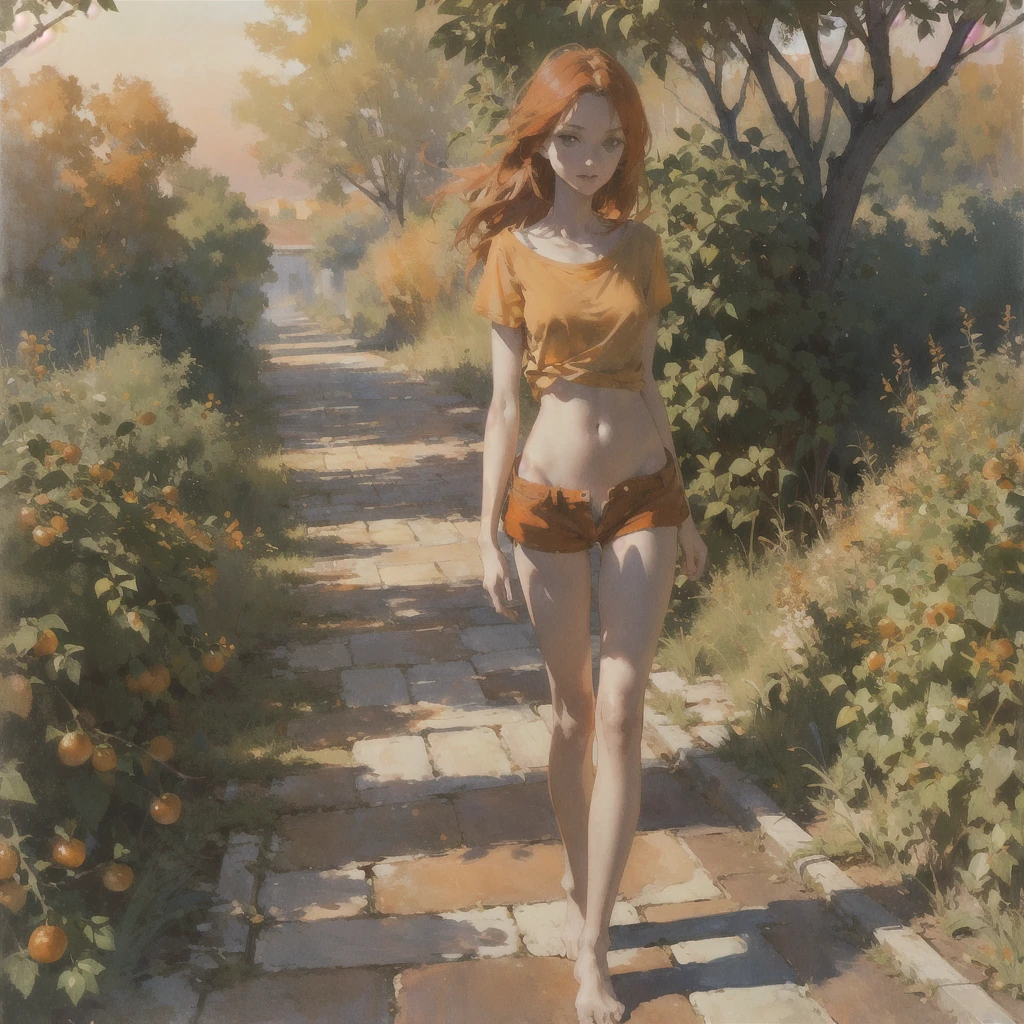 Beautiful slender thin exquisite (nude) (Girl ) (with a perfect southern type face) with short red hair (with tender beautiful big breasts with tender nipples) barefoot with bare thighs ((with red pubic hairs)) ((in an unbuttoned open lilac shirt over a naked body and short lilac shorts)) coming (along the brick road) in the middle of a flowering field (with a glass of wine), in a gentle watercolor style, Discreet shades, sfumato, haze, diffused dim light, delicate mint shades, imitation of film photography, (olive and grape groves, Brick Road), (High image quality, Maximum detail), (sunset lighting, Warm evening shades, warm golden and olive sunset light)