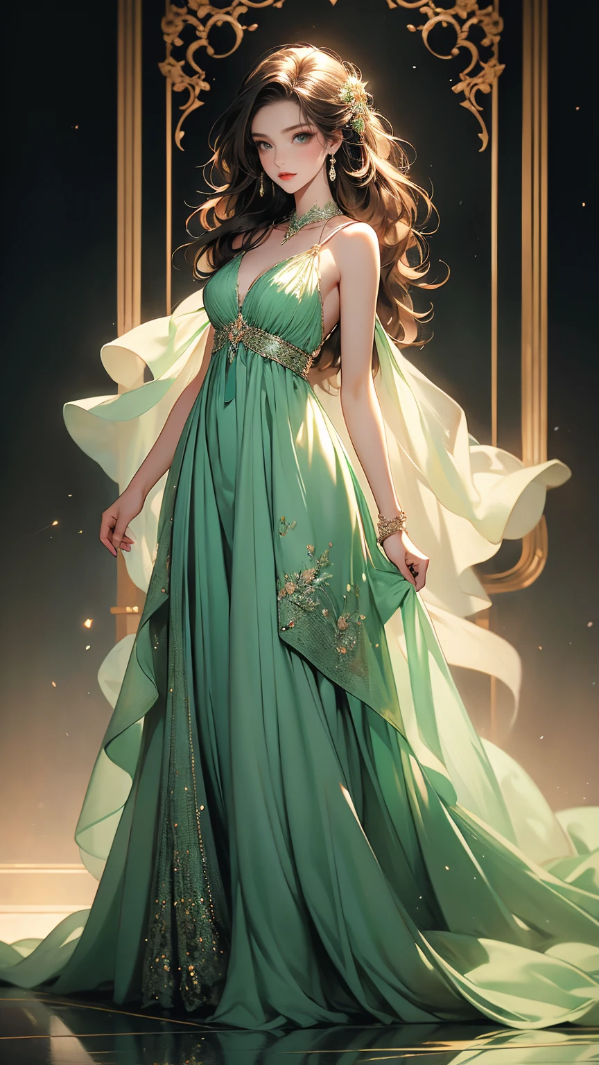 (masterpiece, best quality, highres, ultra-detailed),(beautiful and aesthetic:1.2), 1woman, adult woman, black wavy hair, green eyes, languid, delicate face,(slight smile:0.8), detailed eyes and face, perfect body, full body, red lips, beautiful make-up, mint green chiffon dress with a ruched bodice, plunging keyhole neckline, and delicately beaded shoulder straps