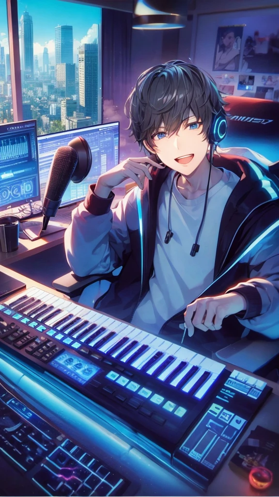 a handsome guy、serious expression、please close your mouth、Monitor & Keyboard、Microphone for distribution、I'm wearing headphones、blue neon light、neon and cyber feeling、Morning outside the window、Highly Detailed CG Unity 8K Wallpaper, (super masterpiece, beautiful person, well detailed face polluted smile, It's photorealistic, hyper realistic), black hair