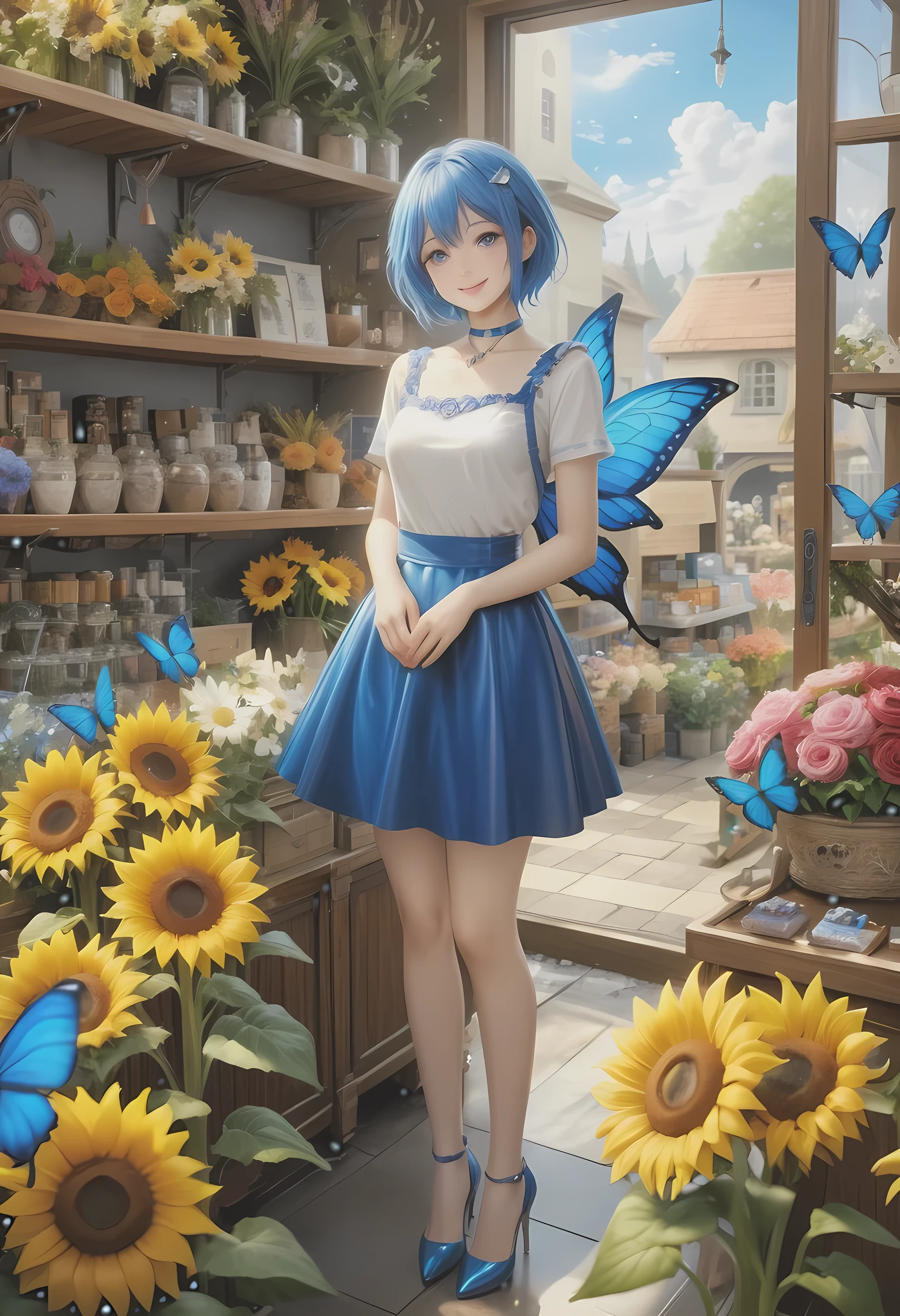 high details, best quality, 16k, RAW, [best detailed], masterpiece, best quality, (extremely detailed), GlowingRunes_paleblue, full body, ultra wide shot, photorealistic, fantasy art, RPG art, D&D art, a picture of a fairy selling flowers in a florist shop, extremely beautiful fairy, ultra feminine (intense details, Masterpiece, best quality), (Blue: 1.3) butterfly wings (intense details, Masterpiece, best quality), blue and white wings (intense details, Masterpiece, best quality), azure hair, pixie cut hair, shinning hair, flowing hair, shy smile, innocent smile, blue eyes, wearing bright blue skirt, dynamic elegant shirt, chocker, wearing high heels, in flower shop (intense details, Masterpiece, best quality), extreme many (sunflowers: 1.3) (intense details, Masterpiece, best quality), sunflower shop in a modern era street, High Detail, Ultra High Quality, High Resolution, 16K Resolution, Ultra HD Pictures, Ultra Realistic, Clear Details, Realistic Detail, Ultra High Definition, Big Fairy Wings, wearing edgLL leather lingerie dungeons and dragons, DonMDr4g0nXL