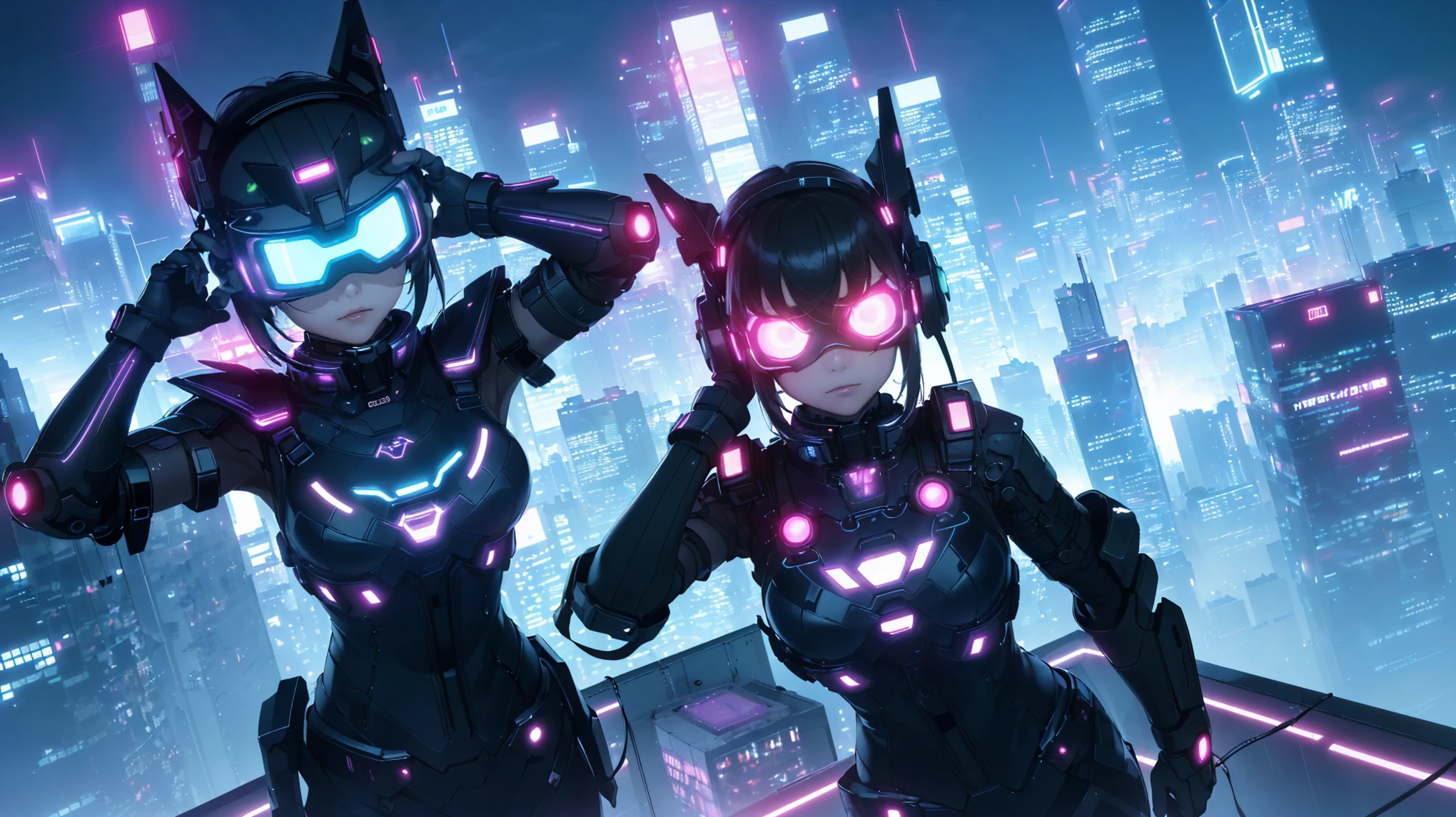 highest quality))、((masterpiece)、girl、one person、cyber punk、A 12-year-old girl with an electronic visor attached to her face looks out over the city from the rooftop of a building.、cyber punkファッション、Sexy pose、Exposed Skin、Breast enlargement、Neon lights in the dark city at night