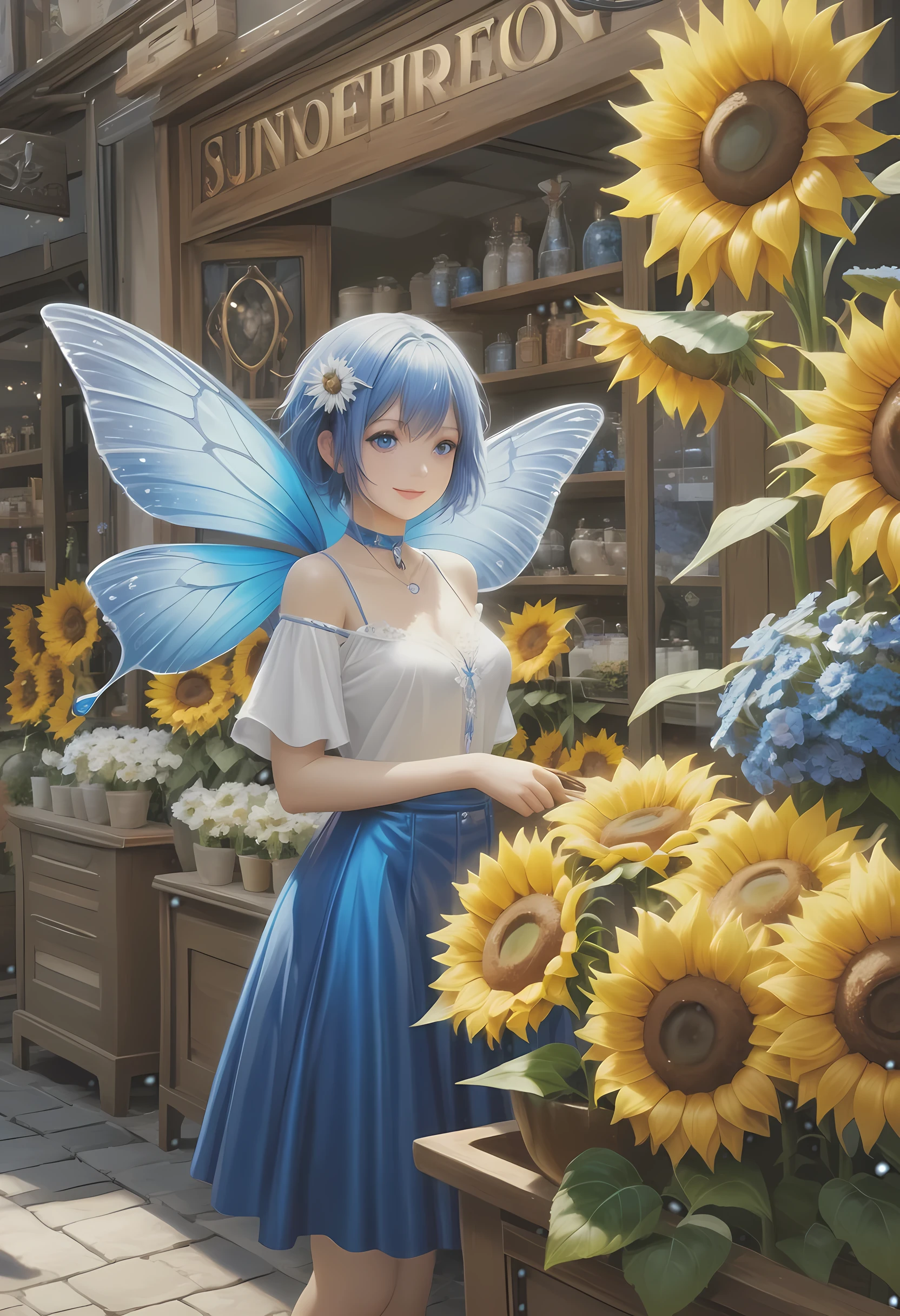 high details, best quality, 16k, RAW, [best detailed], masterpiece, best quality, (extremely detailed), GlowingRunes_paleblue, full body, ultra wide shot, photorealistic, fantasy art, RPG art, D&D art, a picture of a fairy selling flowers in a florist shop, extremely beautiful fairy, ultra feminine (intense details, Masterpiece, best quality), (Blue: 1.3) butterfly wings (intense details, Masterpiece, best quality), blue and white wings (intense details, Masterpiece, best quality), azure hair, pixie cut hair, shinning hair, flowing hair, shy smile, innocent smile, blue eyes, wearing bright blue skirt, dynamic elegant shirt, chocker, wearing high heels, in flower shop (intense details, Masterpiece, best quality), extreme many (sunflowers: 1.3) (intense details, Masterpiece, best quality), sunflower shop in a modern era street, High Detail, Ultra High Quality, High Resolution, 16K Resolution, Ultra HD Pictures, Ultra Realistic, Clear Details, Realistic Detail, Ultra High Definition, Big Fairy Wings, wearing edgLL leather lingerie dungeons and dragons, DonMDr4g0nXL