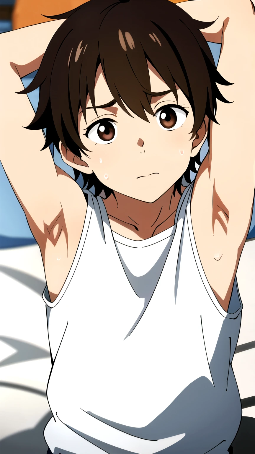 Highres, Masterpiece, Best quality at best,Best Quality,hight quality, hight detailed, 1boy, Brown hair, messy hair, Shota, Sweat, Sleeveless hoodie, upper body, Depth of field, Anime Screencap Style, thin line, Sleep on the bed, Seen from above, look good boy, Cute boy, (Showing armpit:1.3), (very small and short stature), (very young boy), s, Blurry beckground