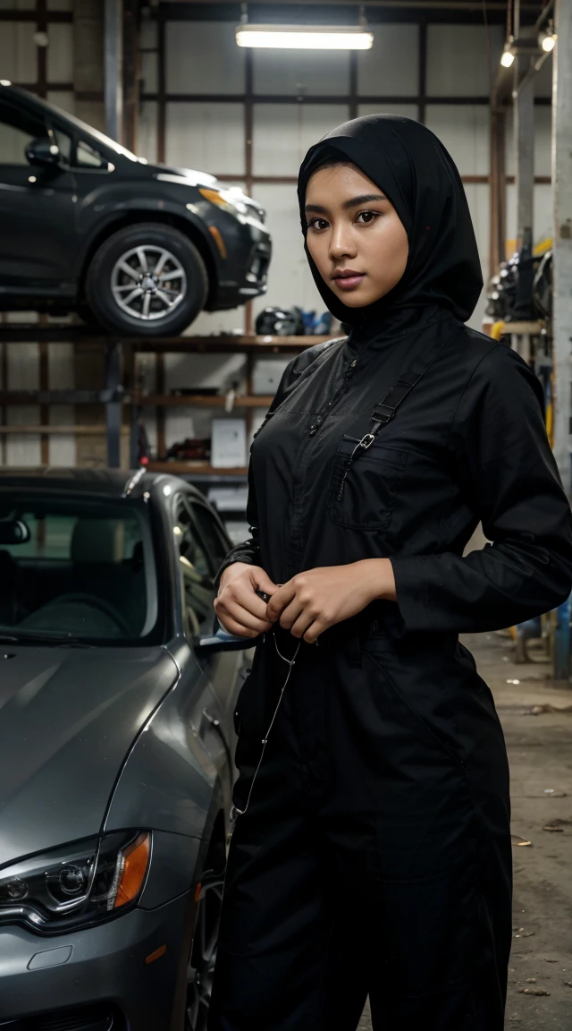 Picture taken with Sony A7RIV, realistic, 8K, Hi-Res picture, masterpiece, perfect facing viewer shoot, detailed complicated background, Gorgeous twenty years old Indonesian girl, natural body, wearing black hijab, black mechanic coverall, stand, automotive workshop in Jakarta